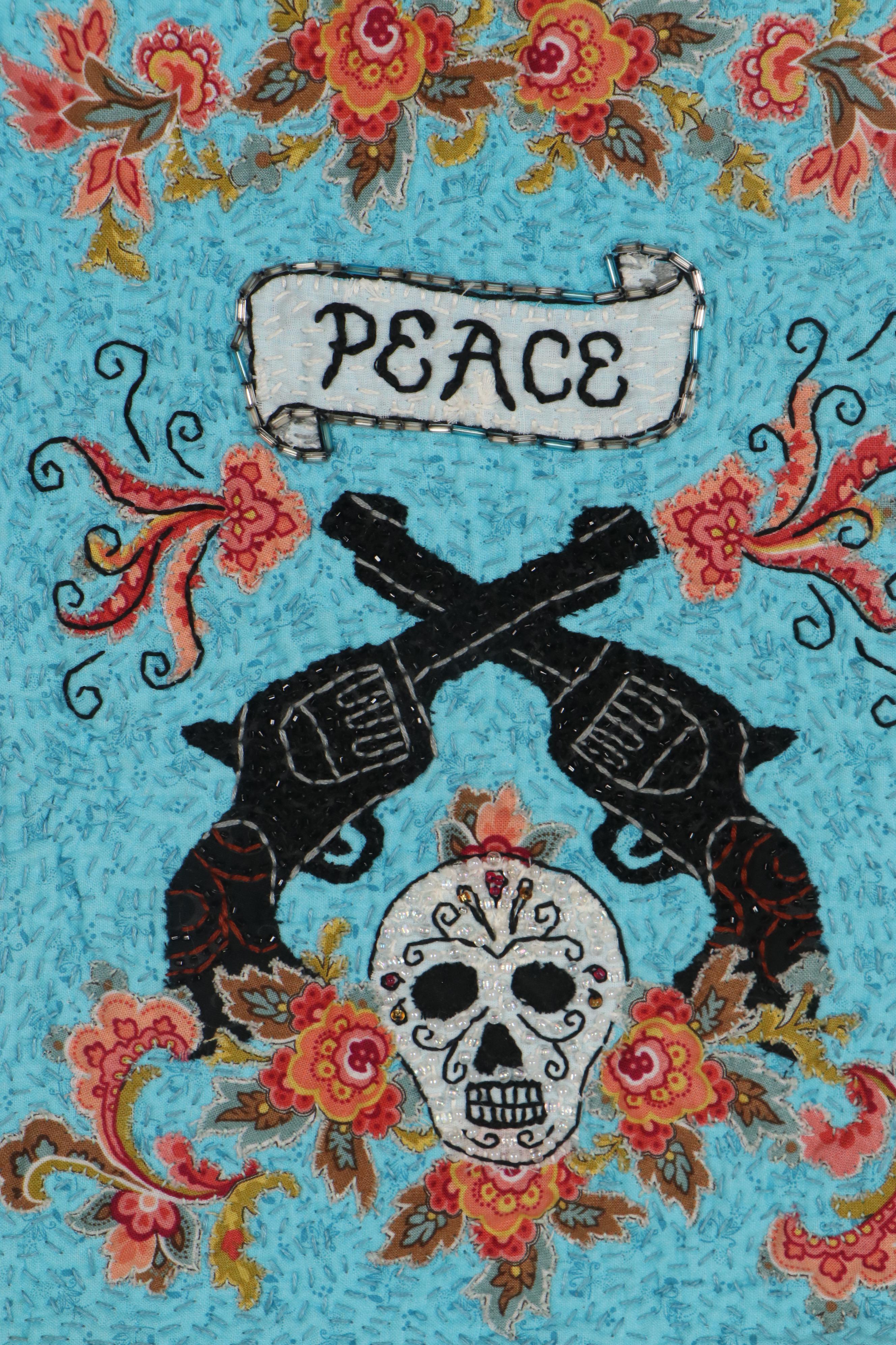 Carla Lamb Embroidered Fiber Art Wall Hanging "Peace Pistols," 21st Century
