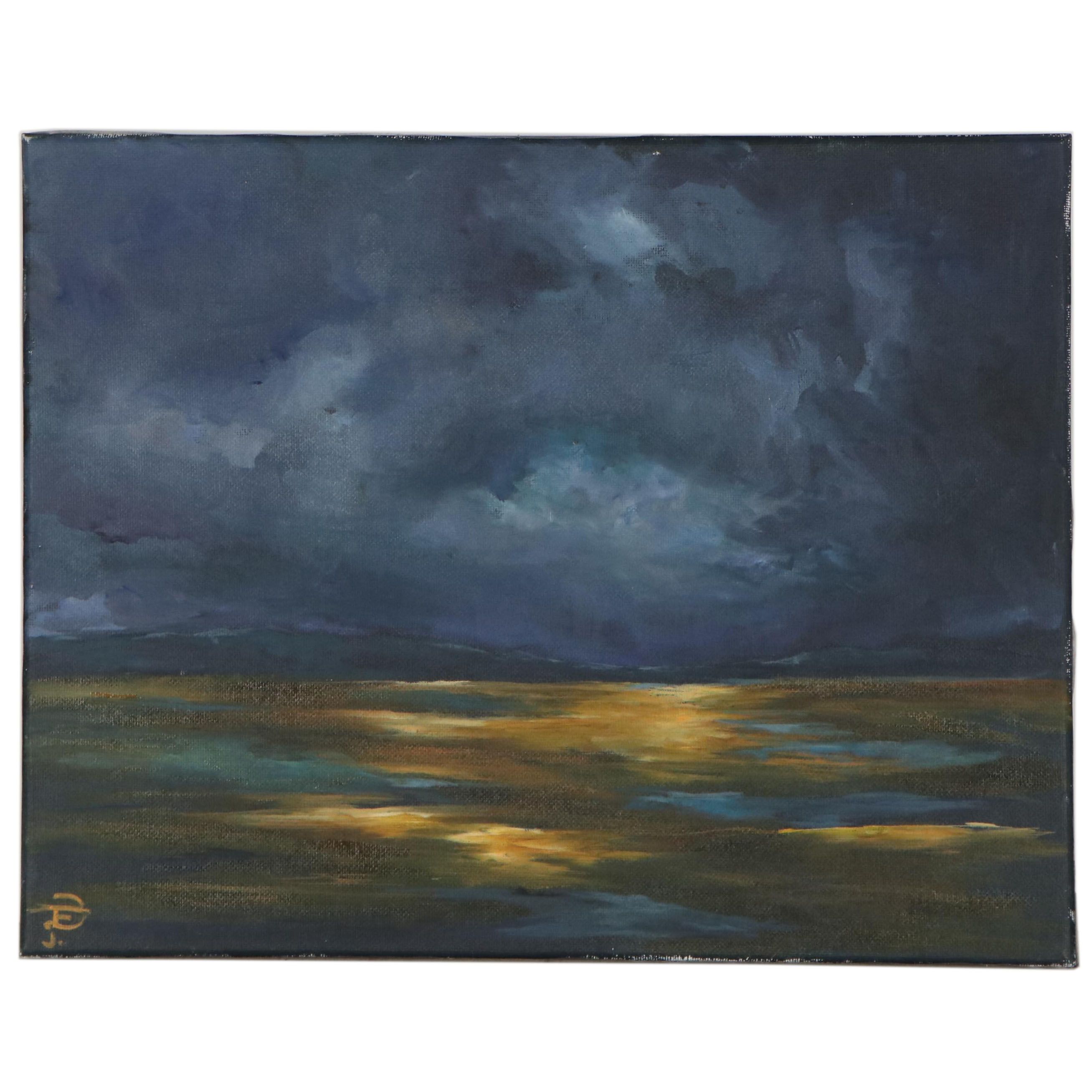 Daniela Fernandez Oil Painting of Ocean View at Night, 21st Century