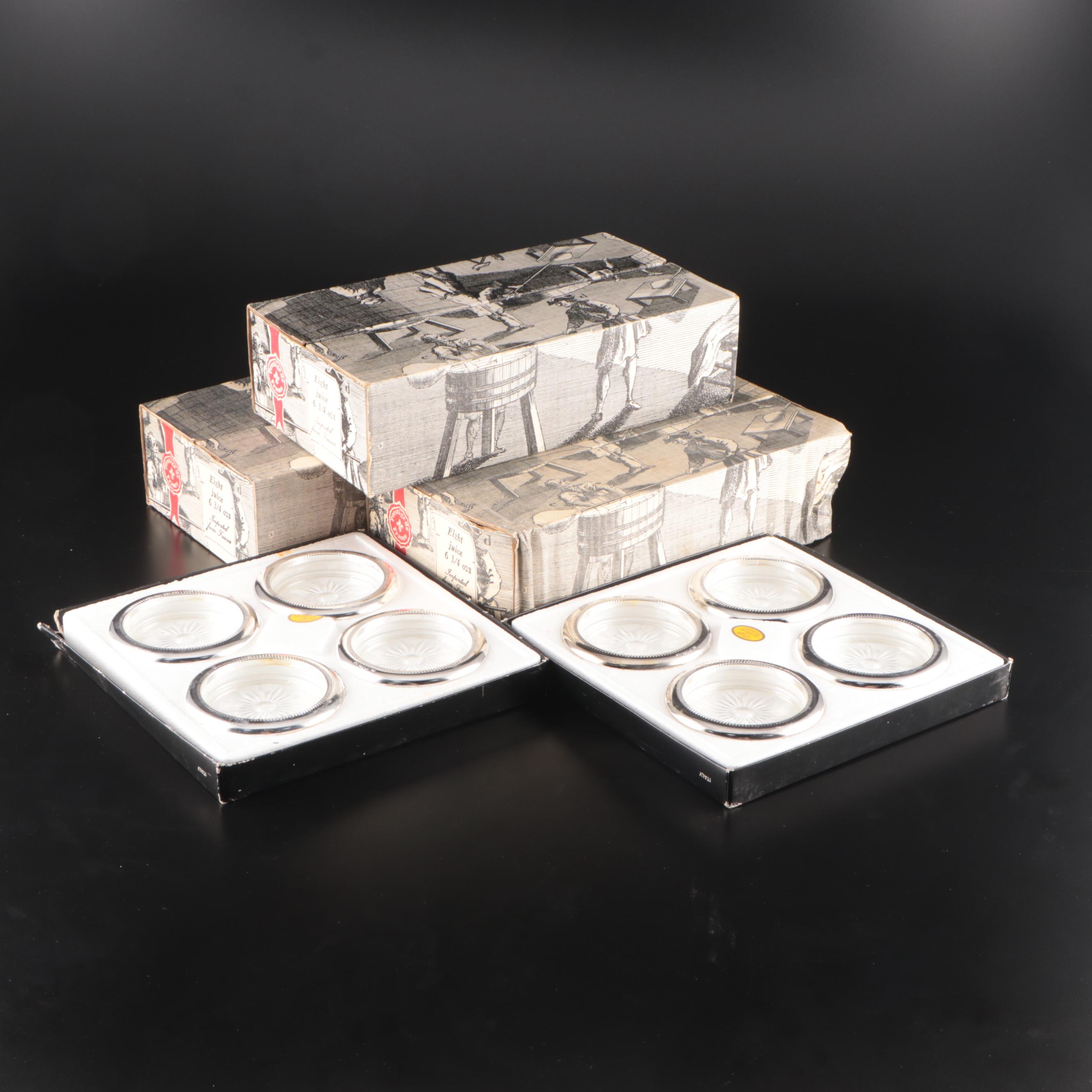 Leonard Crystal and Silver Plate Coasters with Arcoroc Tempered Juice Glasses