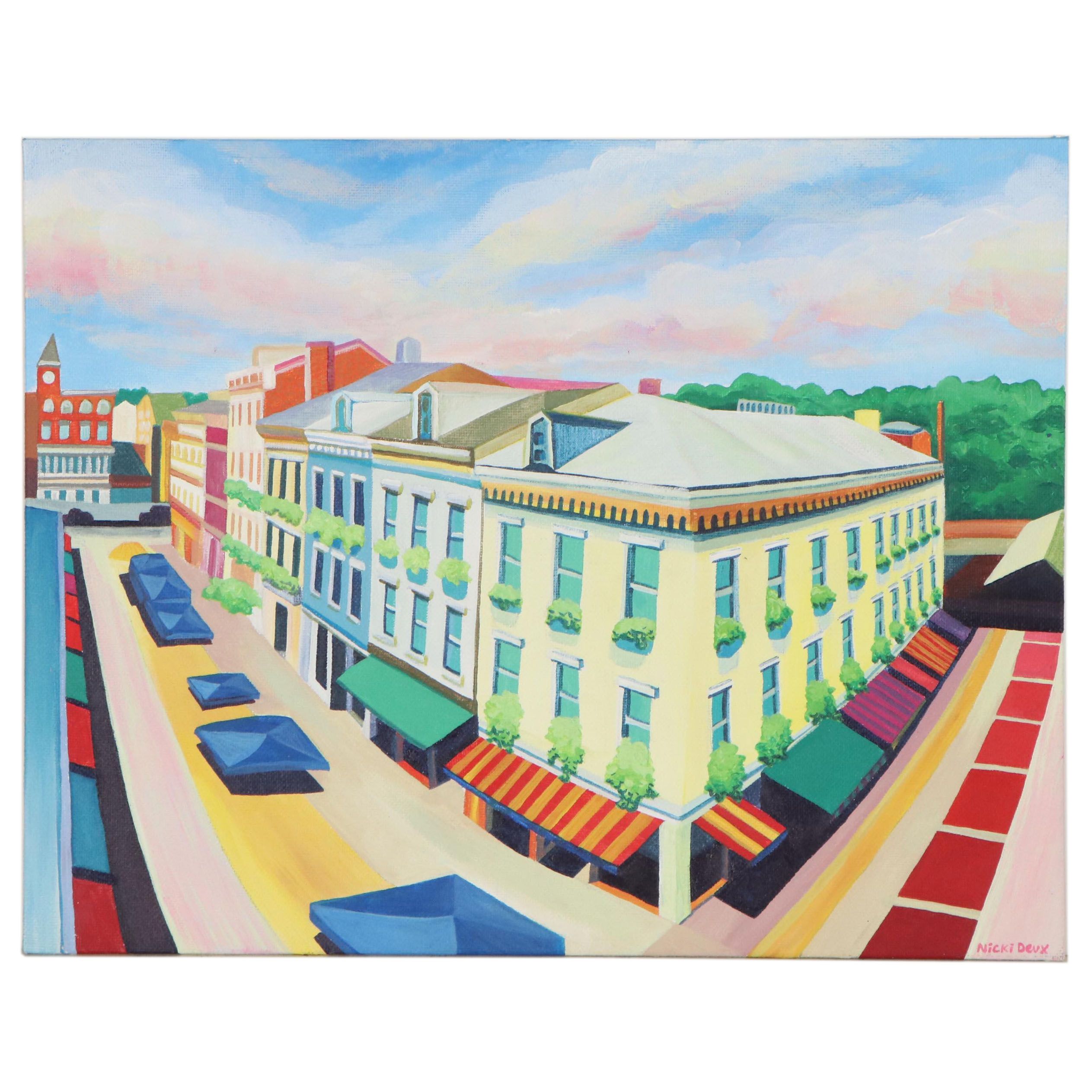 Nicki Deux Cityscape Oil Painting of Downtown Cincinnati, 21st Century
