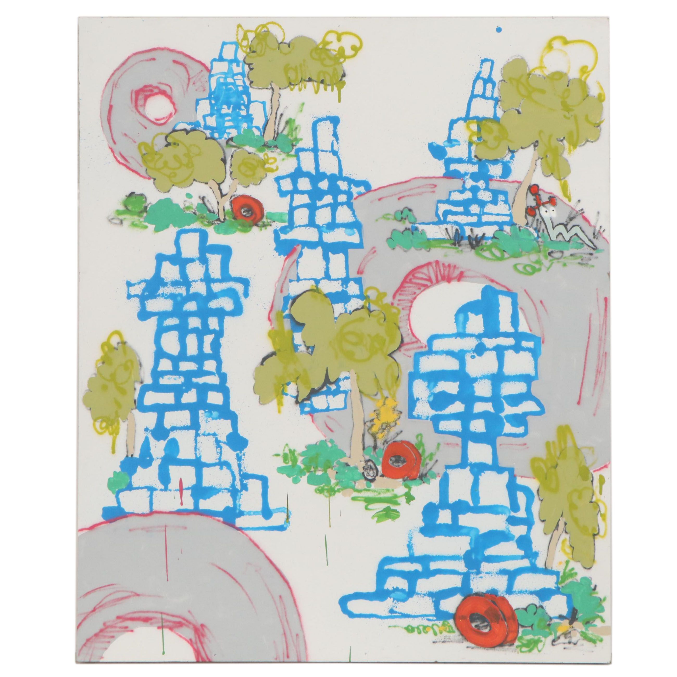 Drew Christman Mixed Media Painting "Ruins," 2021