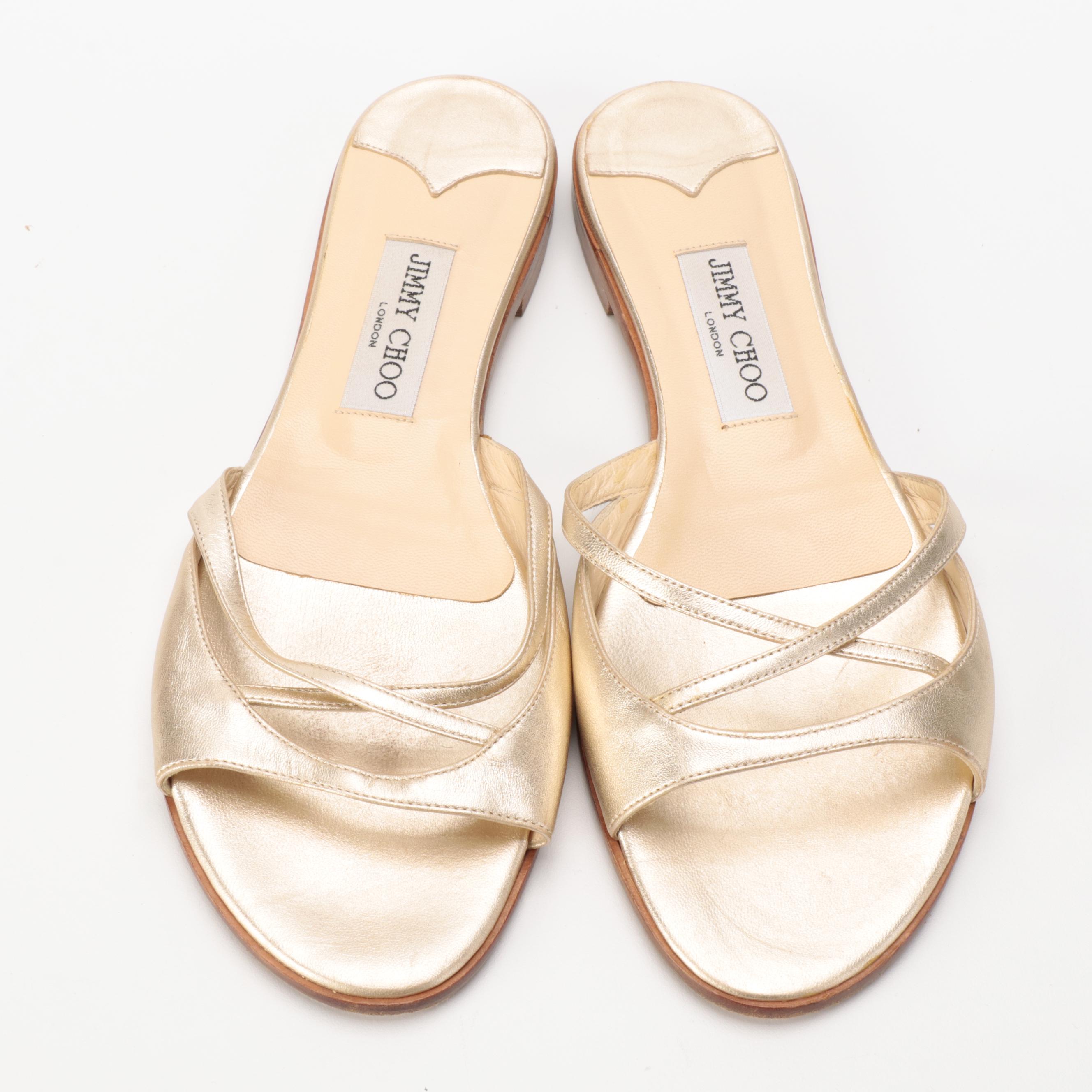 Jimmy Choo Flat Sandals in Metallic Gold Leather