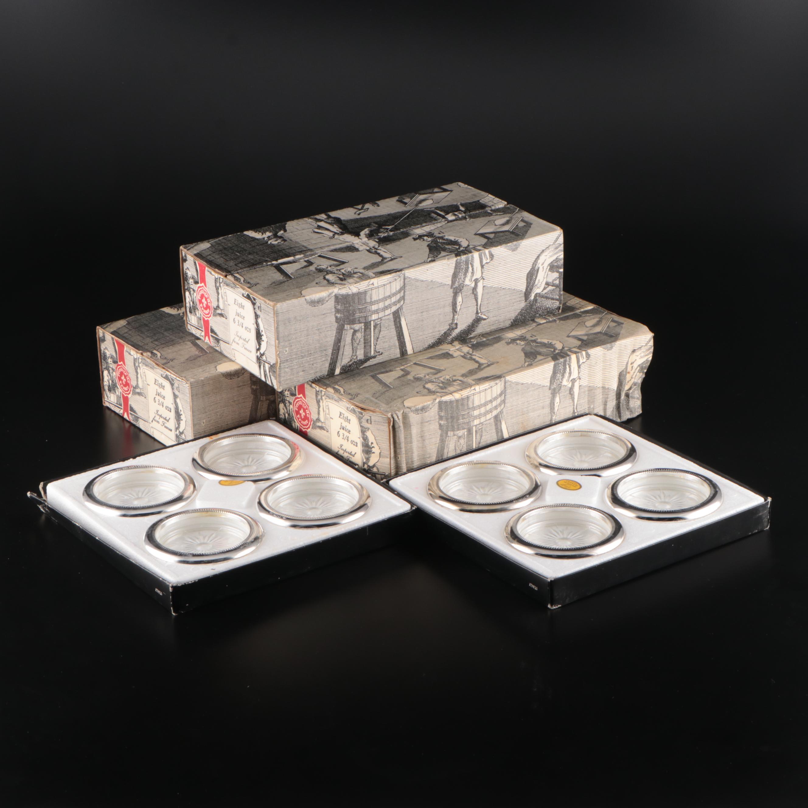 Leonard Crystal and Silver Plate Coasters with Arcoroc Tempered Juice Glasses