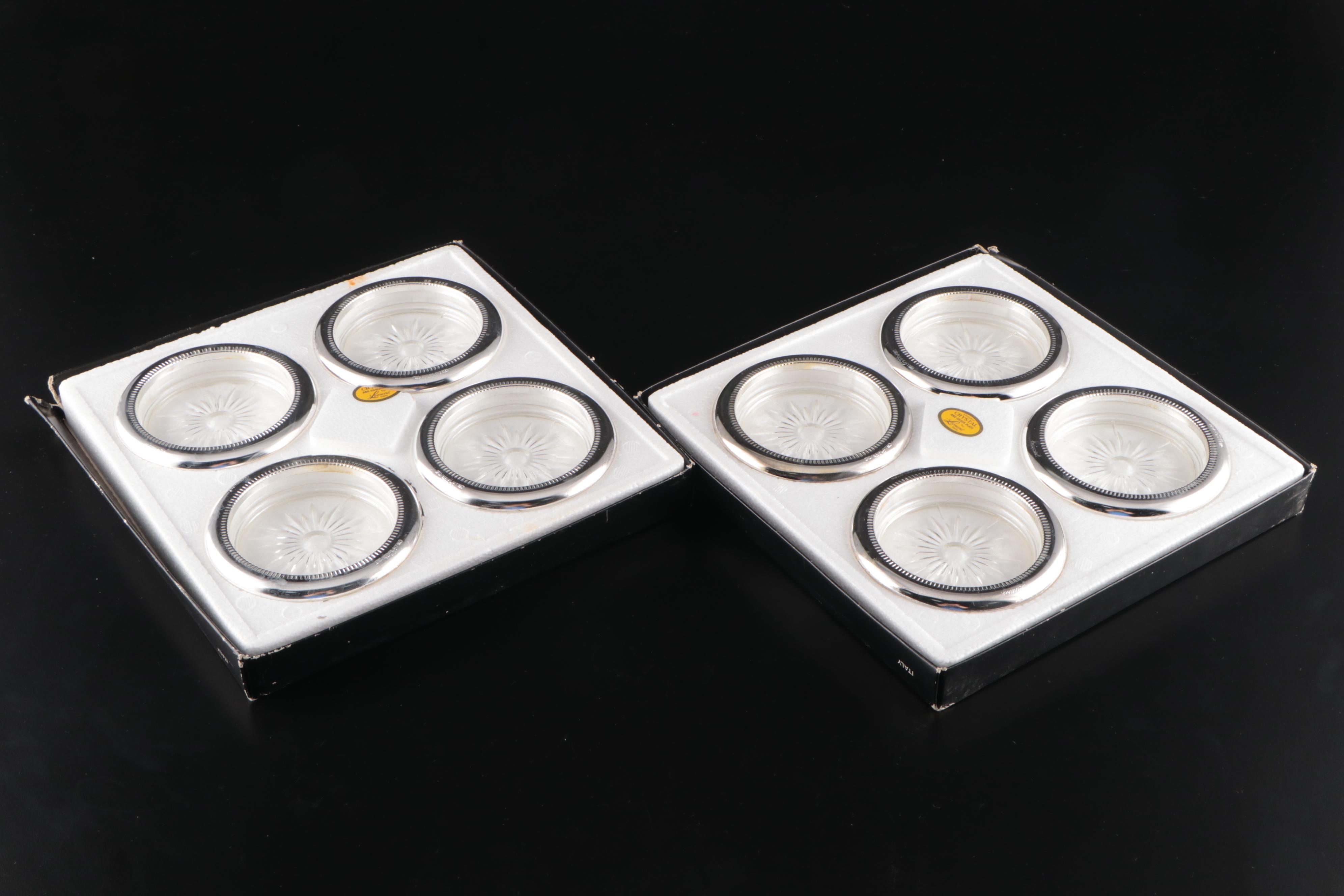 Leonard Crystal and Silver Plate Coasters with Arcoroc Tempered Juice Glasses