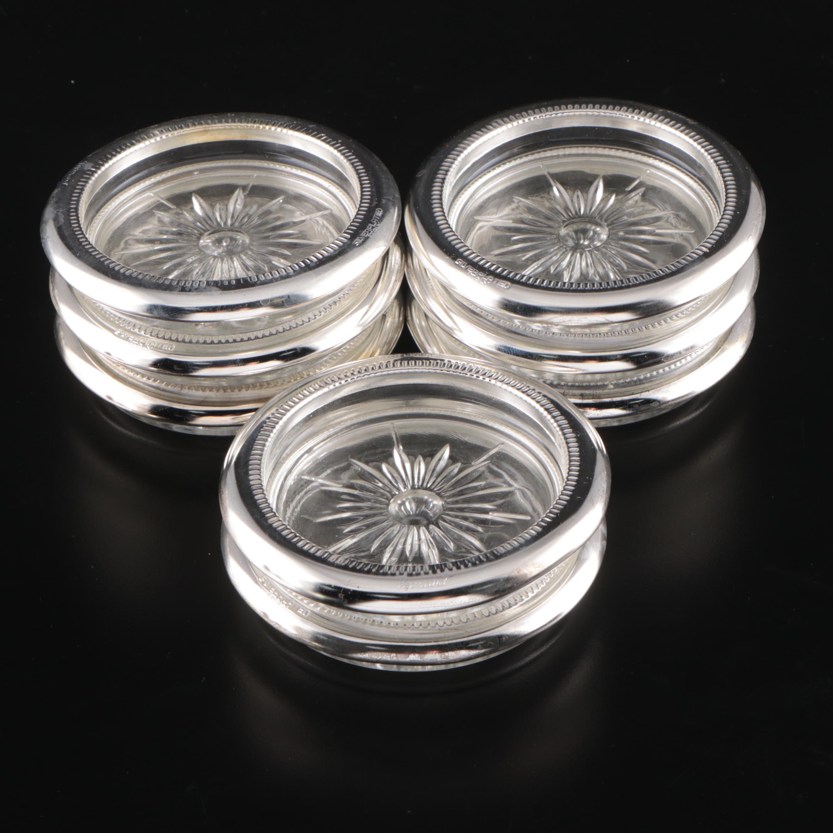 Leonard Crystal and Silver Plate Coasters with Arcoroc Tempered Juice Glasses