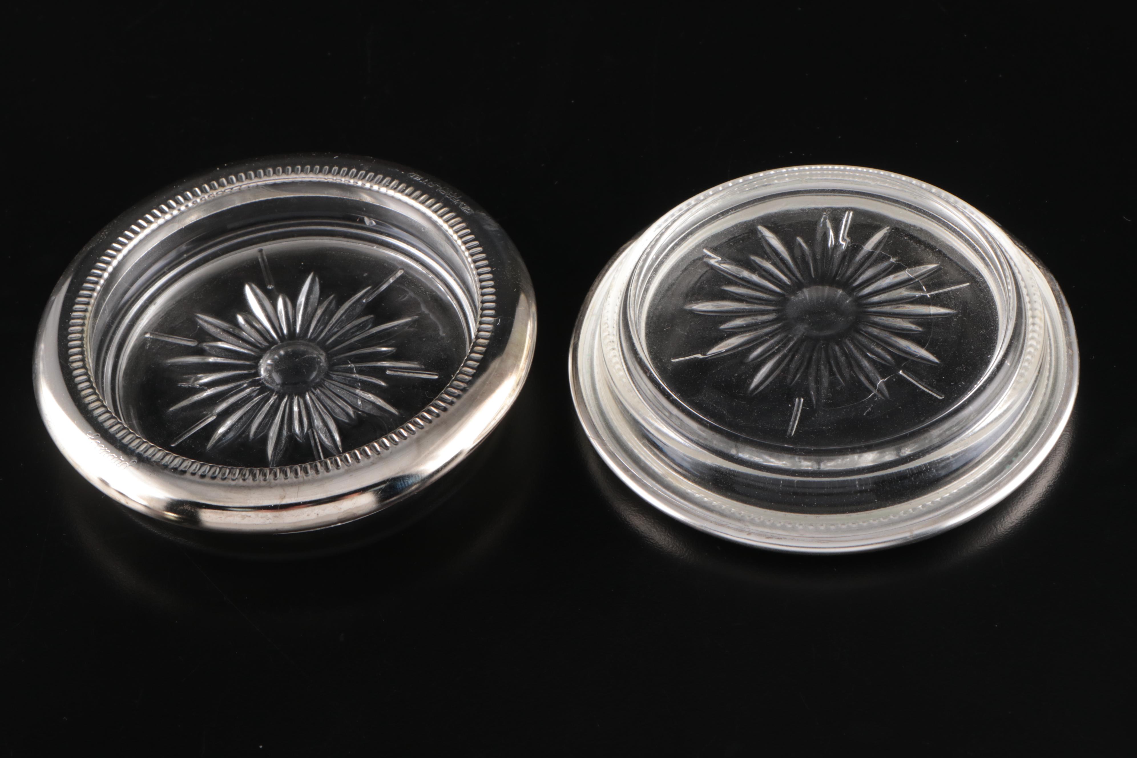 Leonard Crystal and Silver Plate Coasters with Arcoroc Tempered Juice Glasses