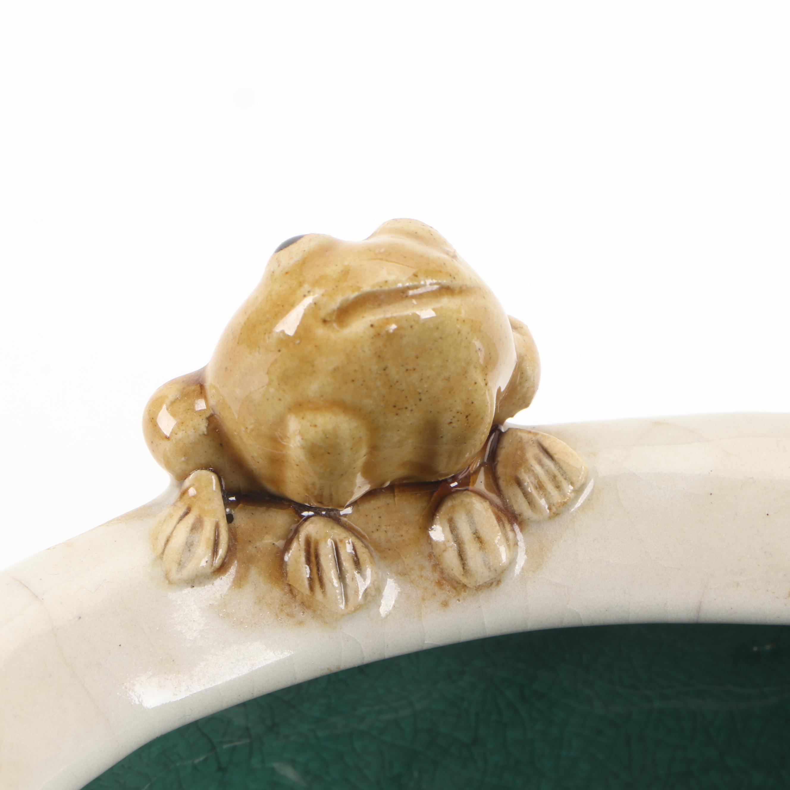 Majolica Style Sculptural Frog and Lily Pad Motif Ceramic Planter