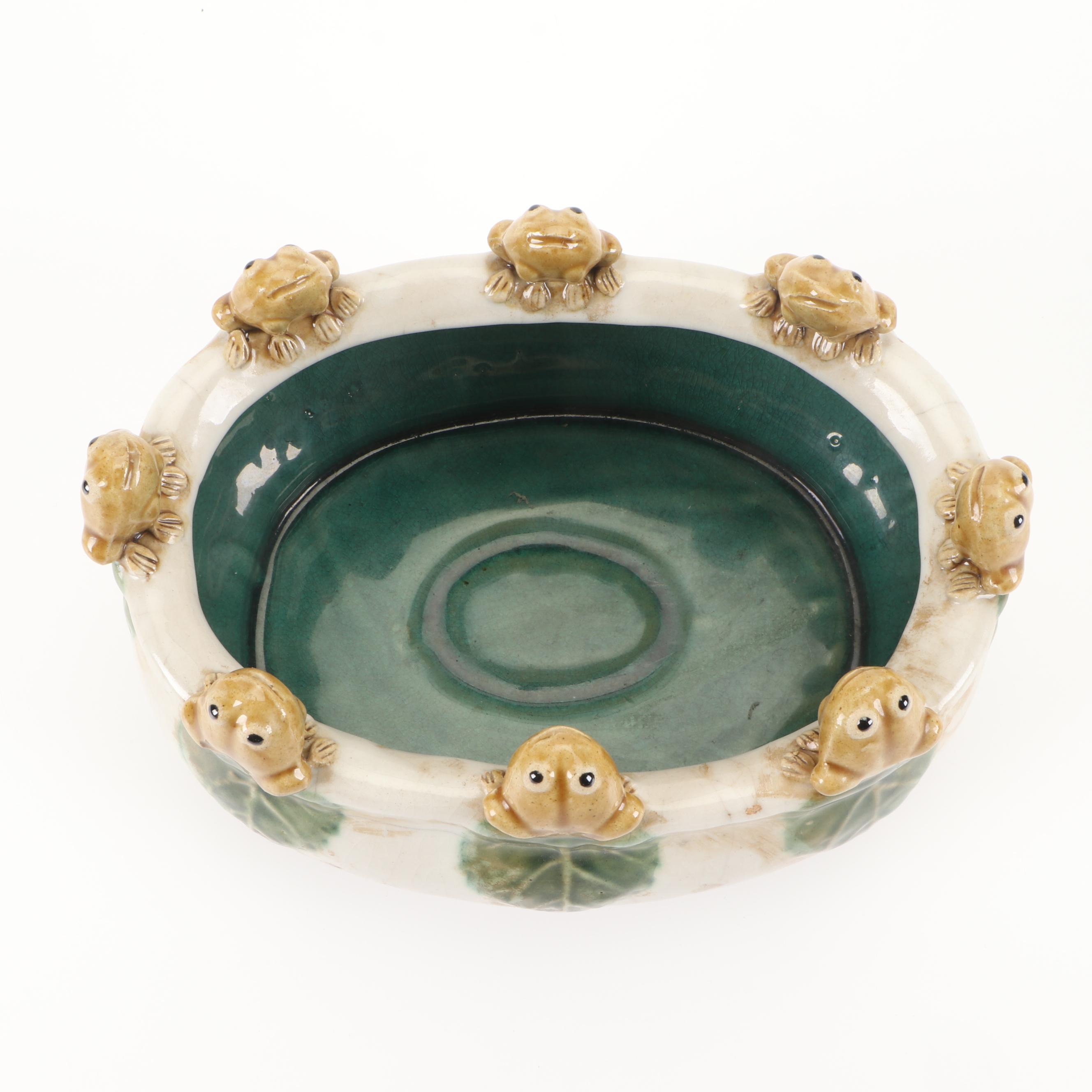 Majolica Style Sculptural Frog and Lily Pad Motif Ceramic Planter