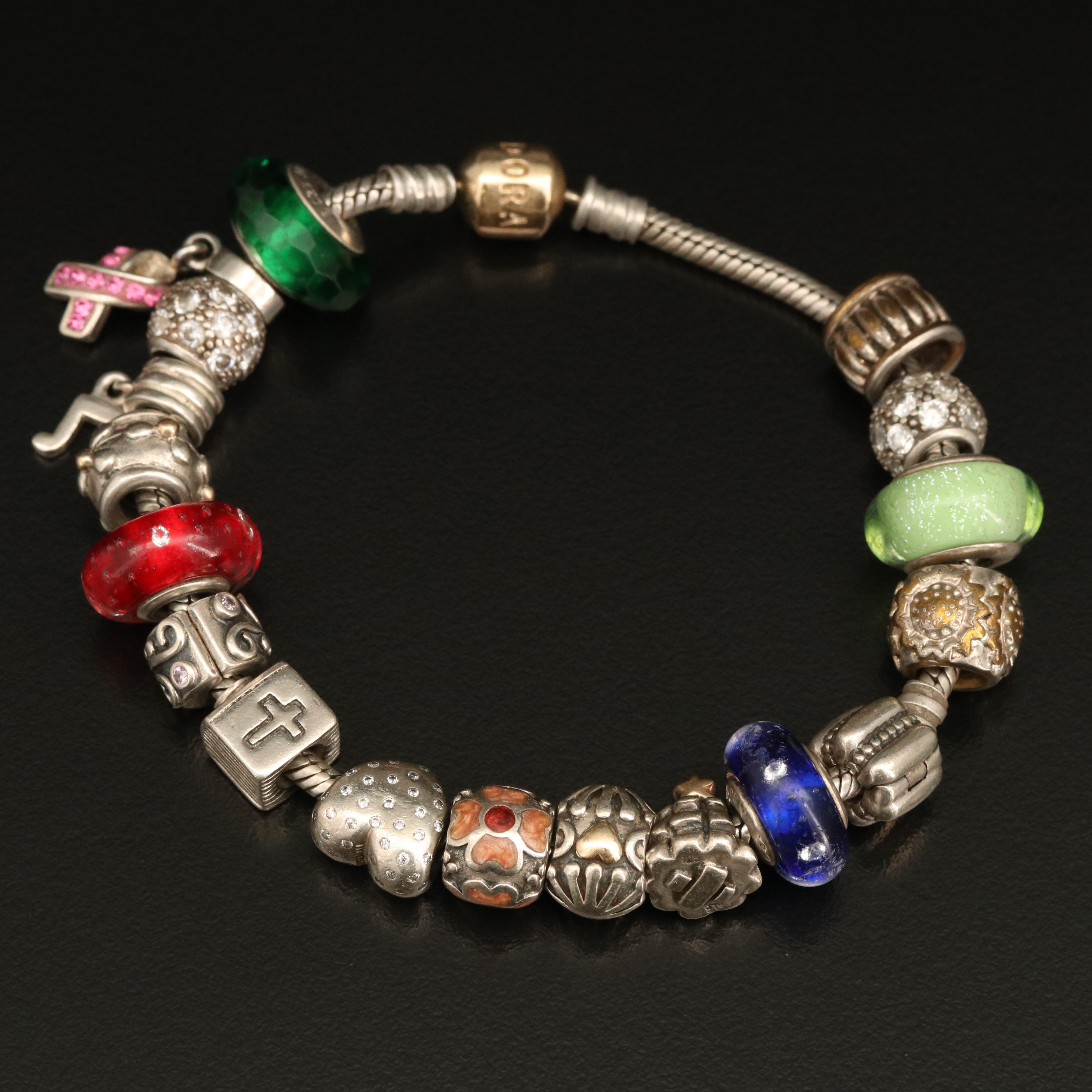 Pandora Sterling Charm Bracelet Including Disney and Heart Charms