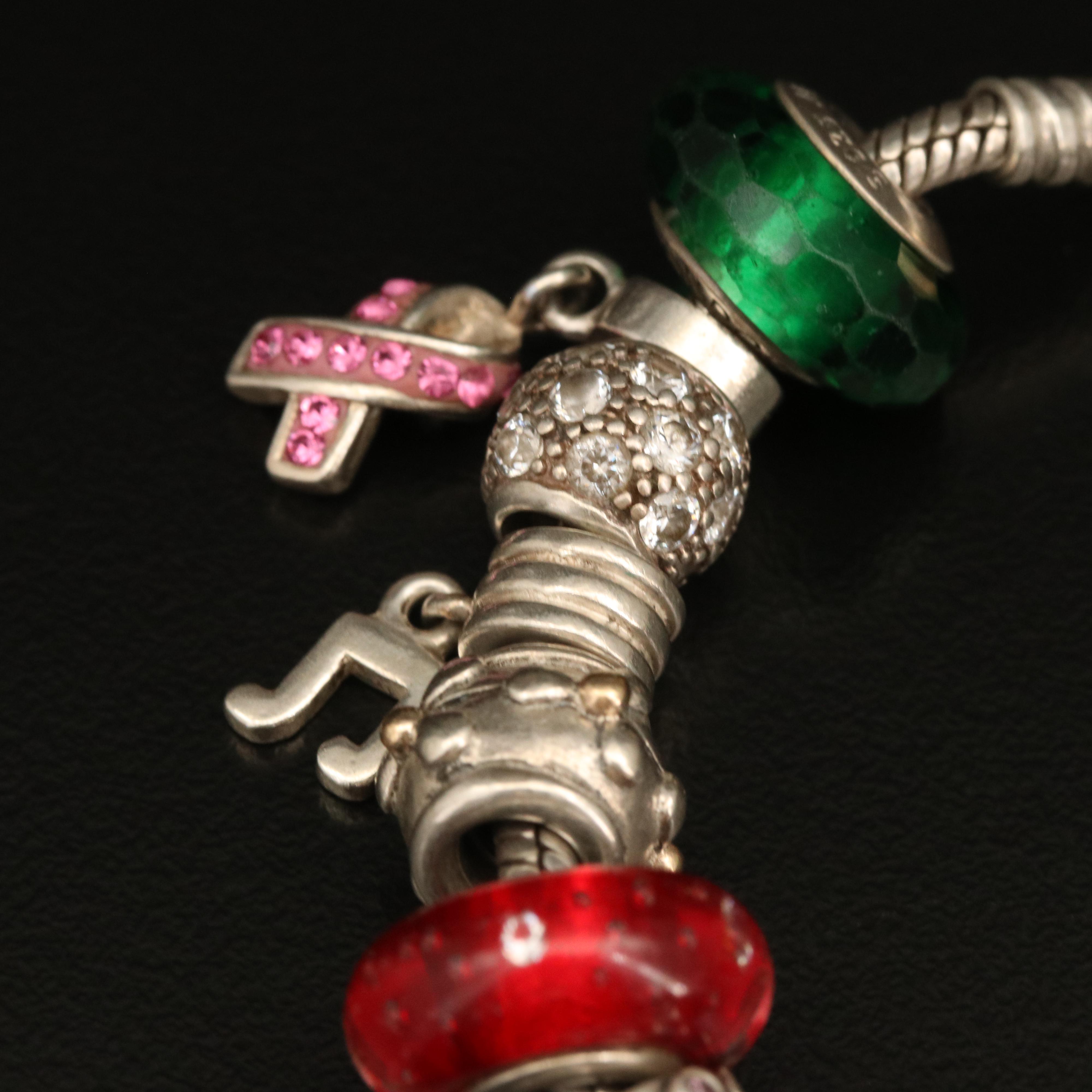 Pandora Sterling Charm Bracelet Including Disney and Heart Charms