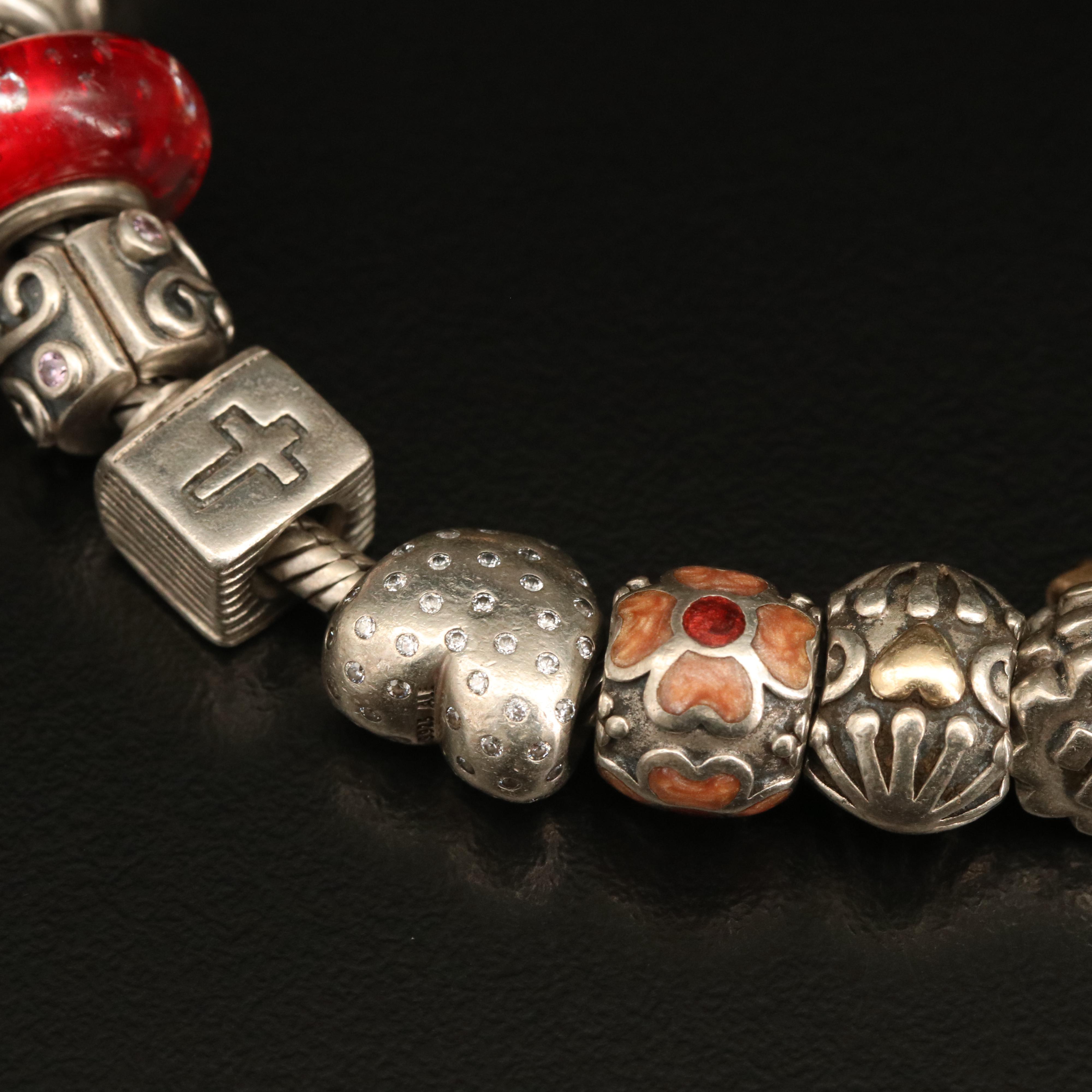 Pandora Sterling Charm Bracelet Including Disney and Heart Charms