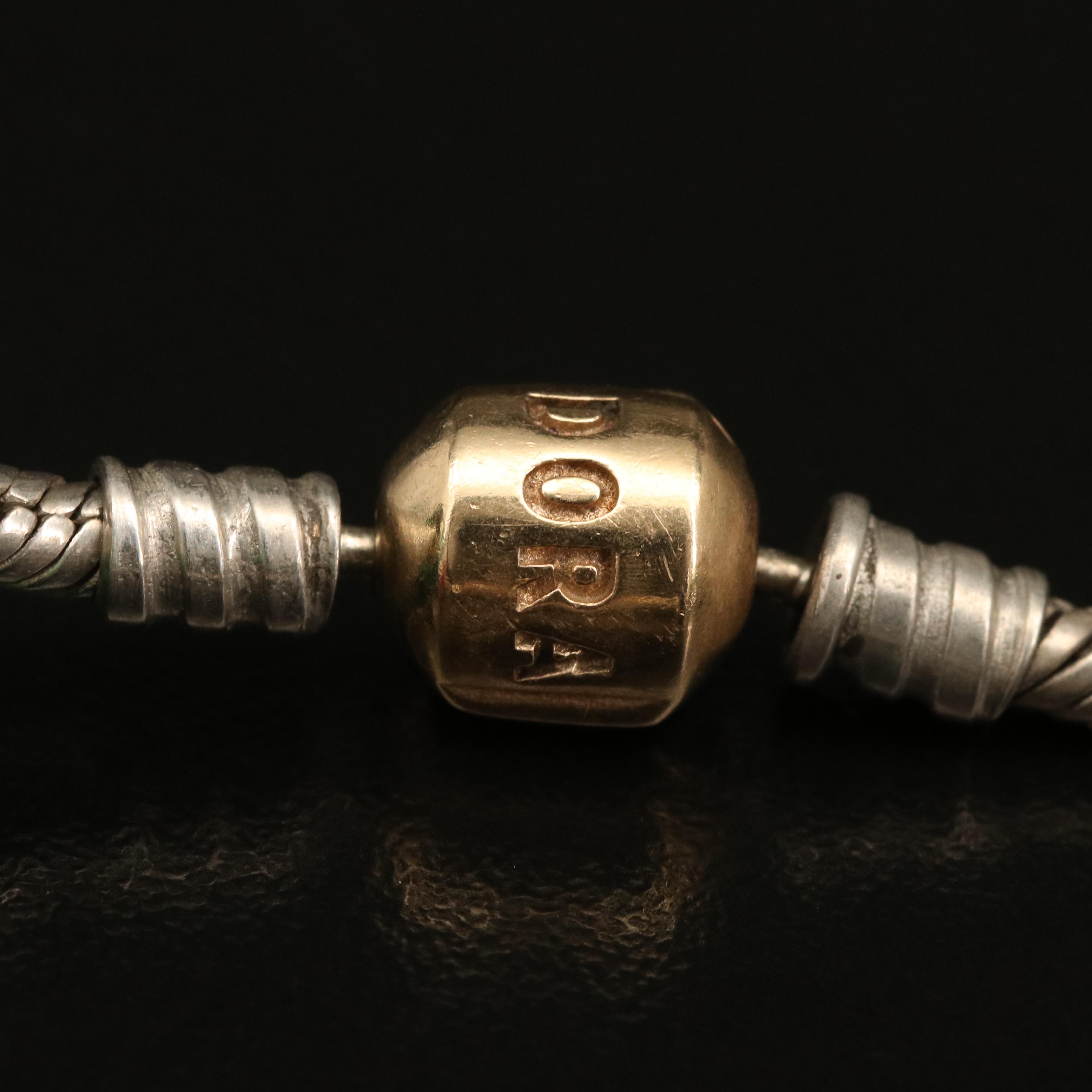 Pandora Sterling Charm Bracelet Including Disney and Heart Charms