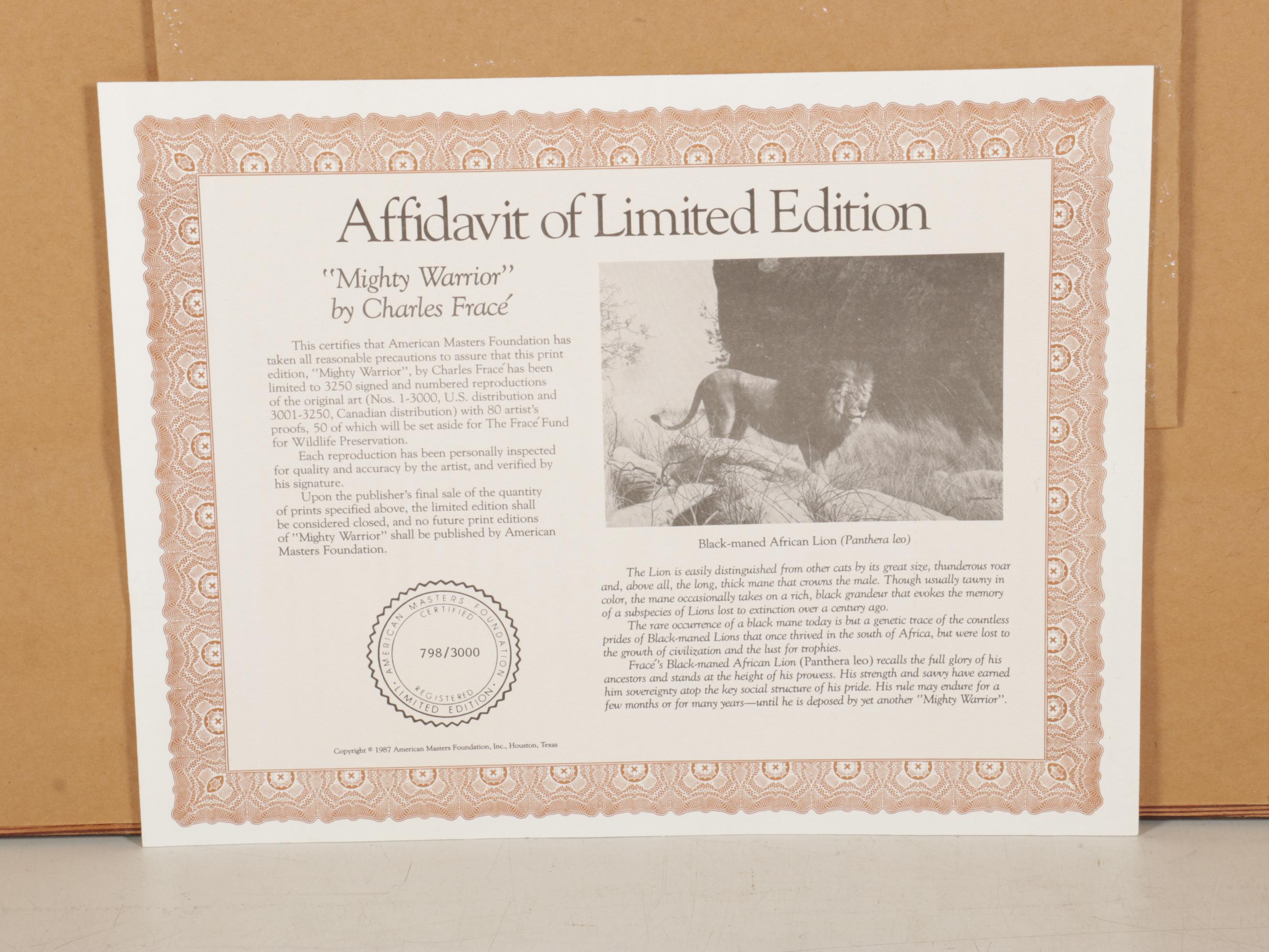 Charles Fracé African Lion Offset Lithograph "Mighty Warrior," 1990