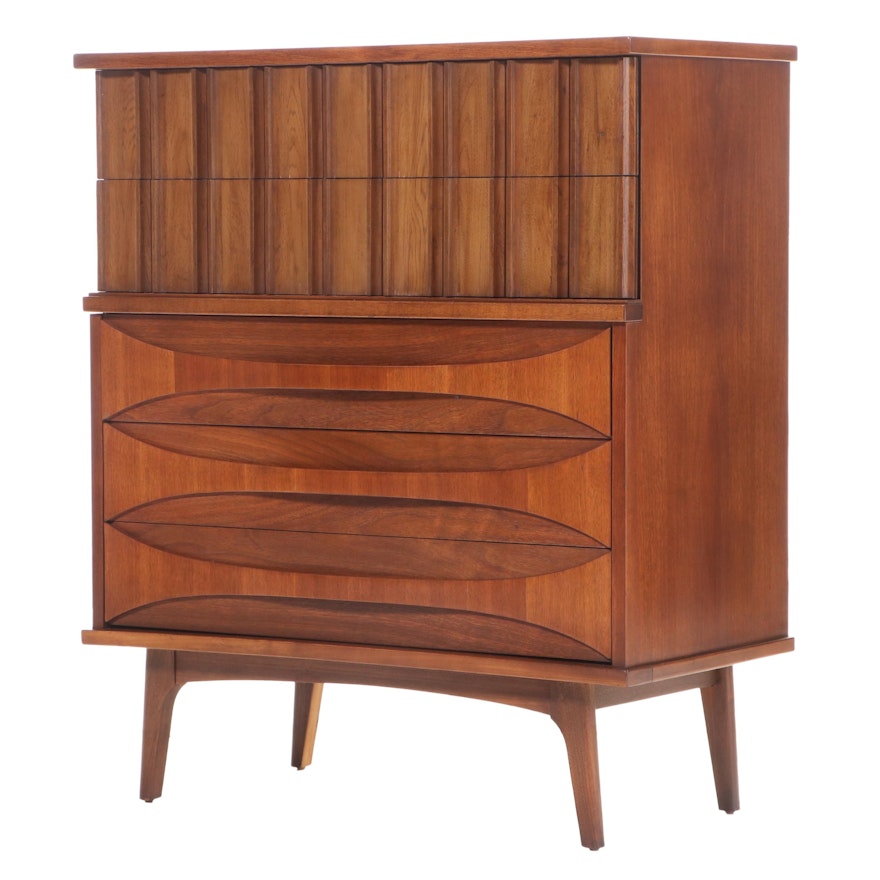 United Furniture Co. "Cat's Eye" Mid Century Modern Walnut Five-Drawer Chest