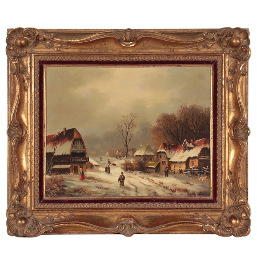 Dutch Style Oil Painting of a Village Scene, 20th Century