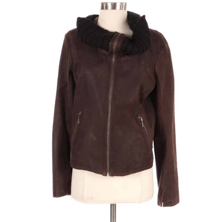 Remy Leather Jacket with Wide Knit Collar, New with Merchant Tag