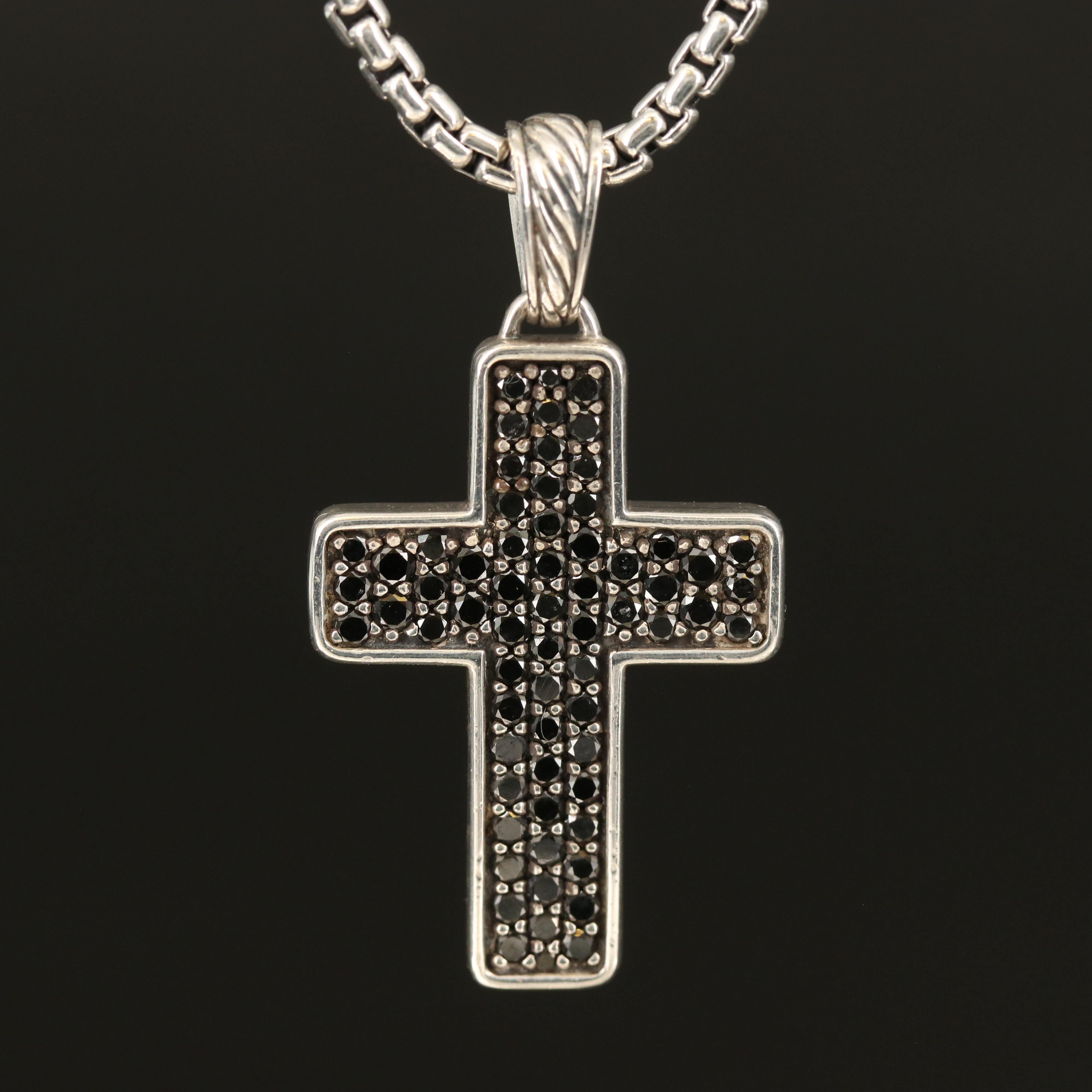 David Yurman Sterling 1.95 Pavé Black Diamond Cross Pendant Necklace