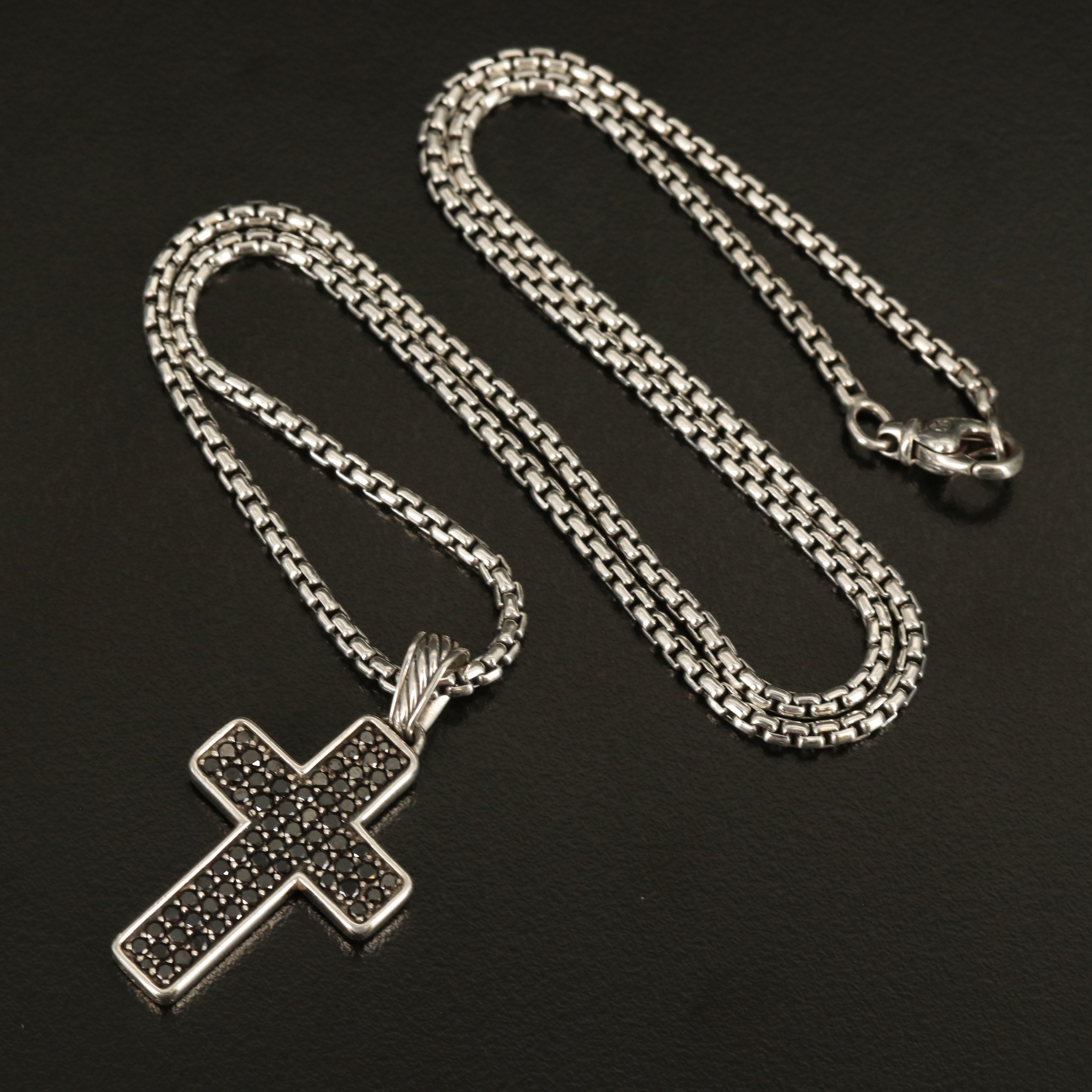 David Yurman Sterling 1.95 Pavé Black Diamond Cross Pendant Necklace