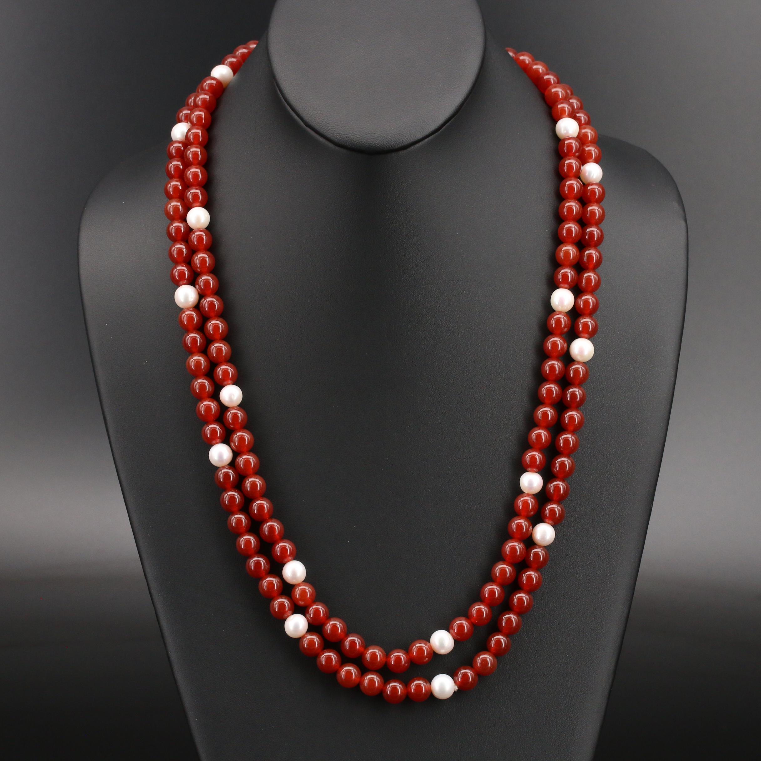 Endless Agate Beaded Necklace with Pearl Spacers