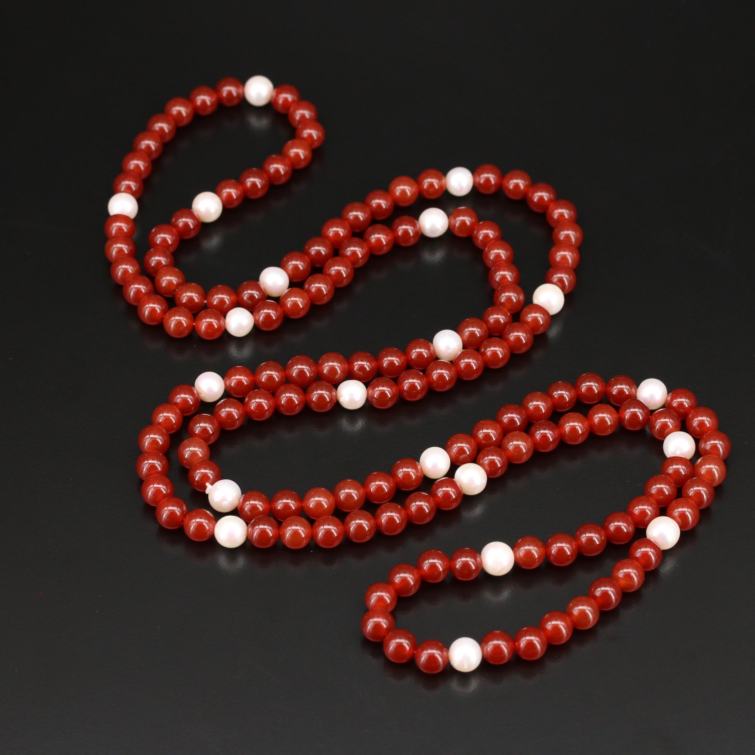 Endless Agate Beaded Necklace with Pearl Spacers