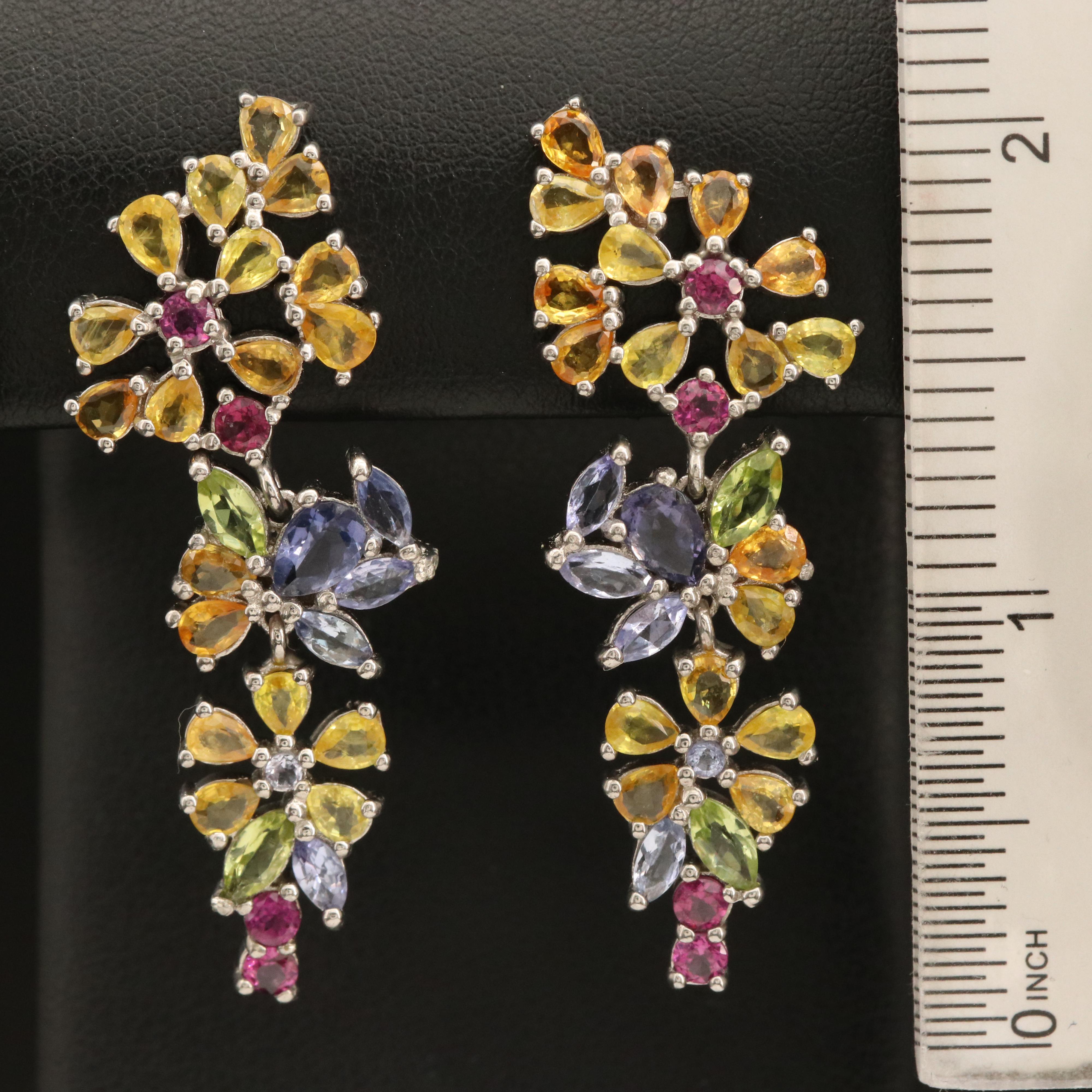 Sterling Floral Cluster Earrings Including Sapphire, Garnet and Peridot
