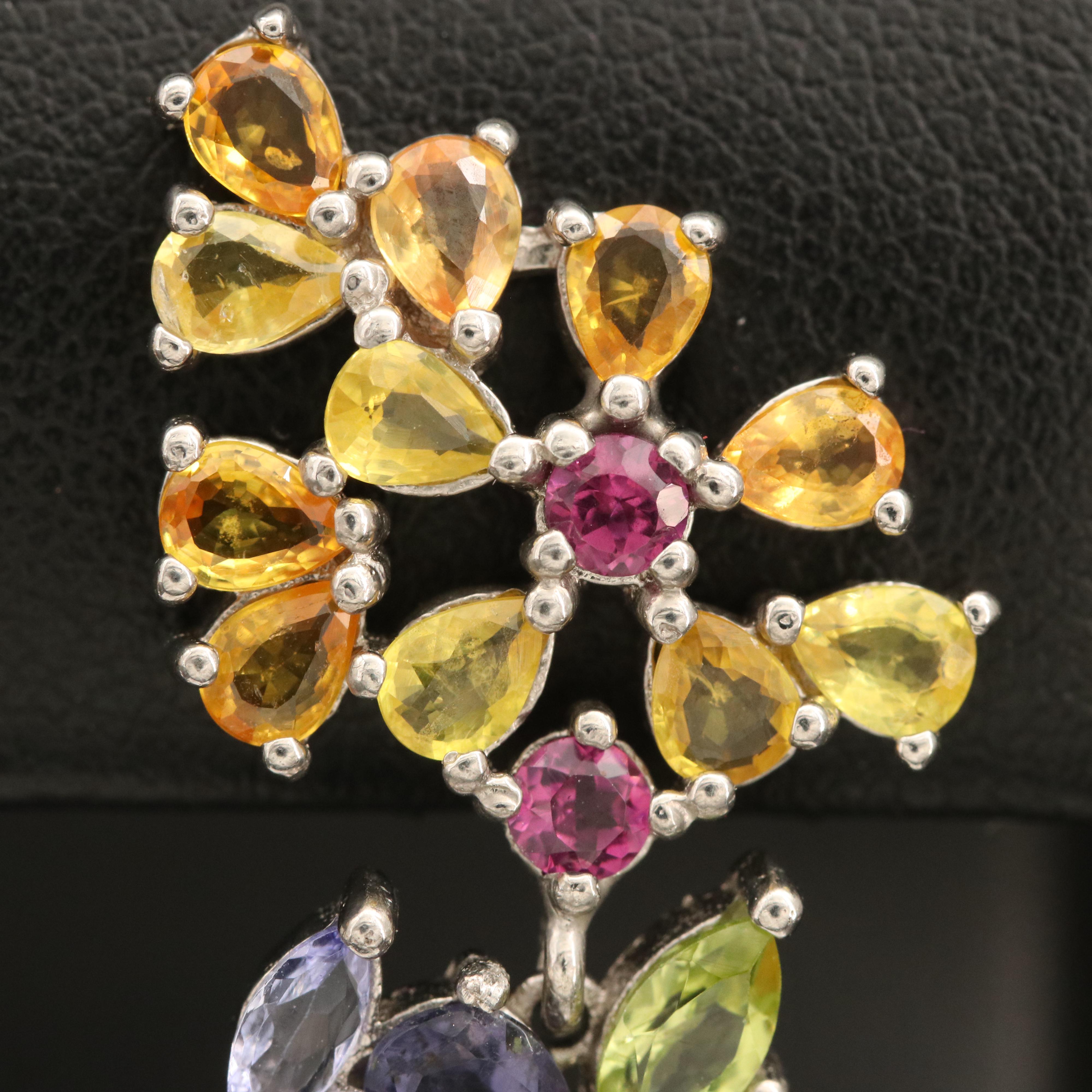 Sterling Floral Cluster Earrings Including Sapphire, Garnet and Peridot