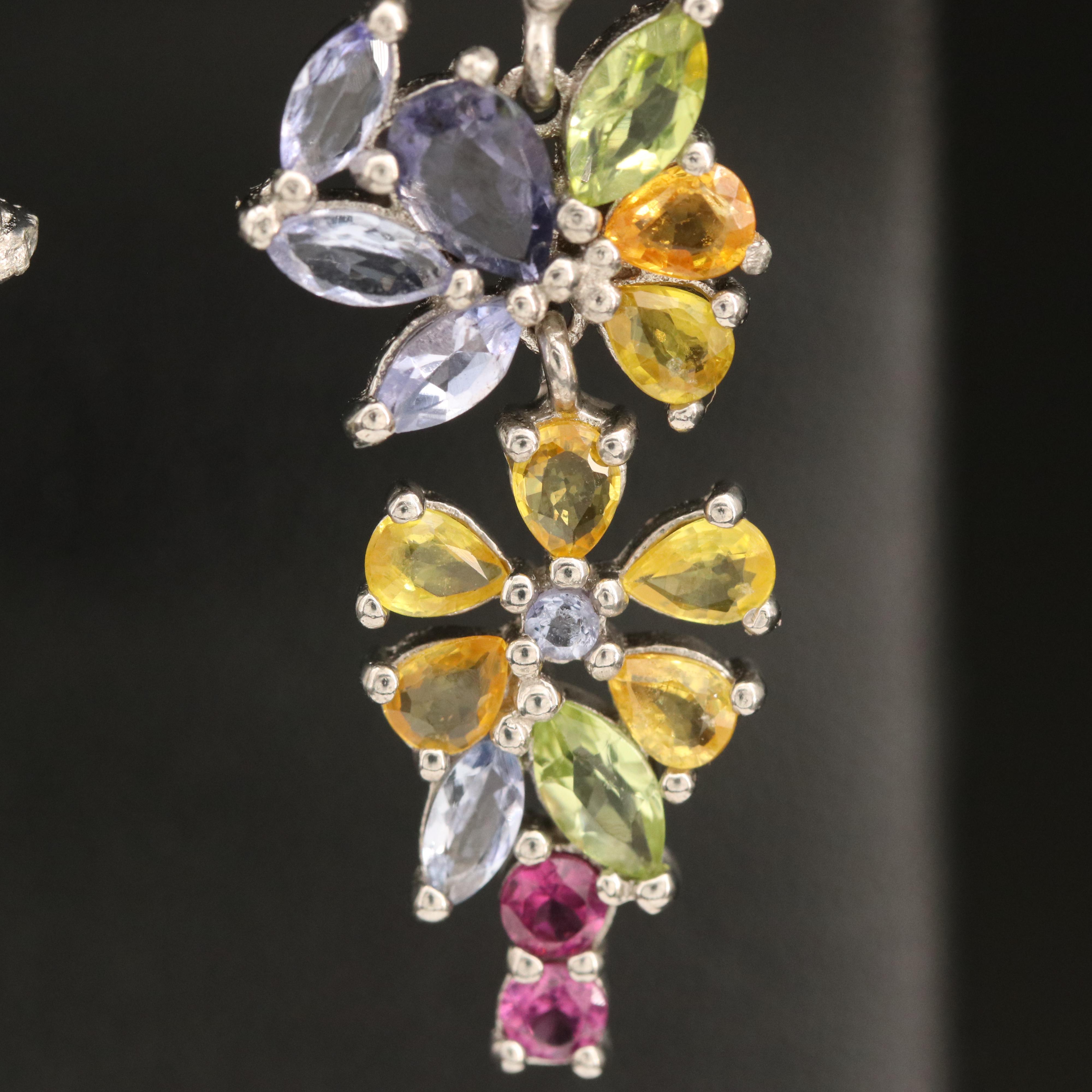 Sterling Floral Cluster Earrings Including Sapphire, Garnet and Peridot