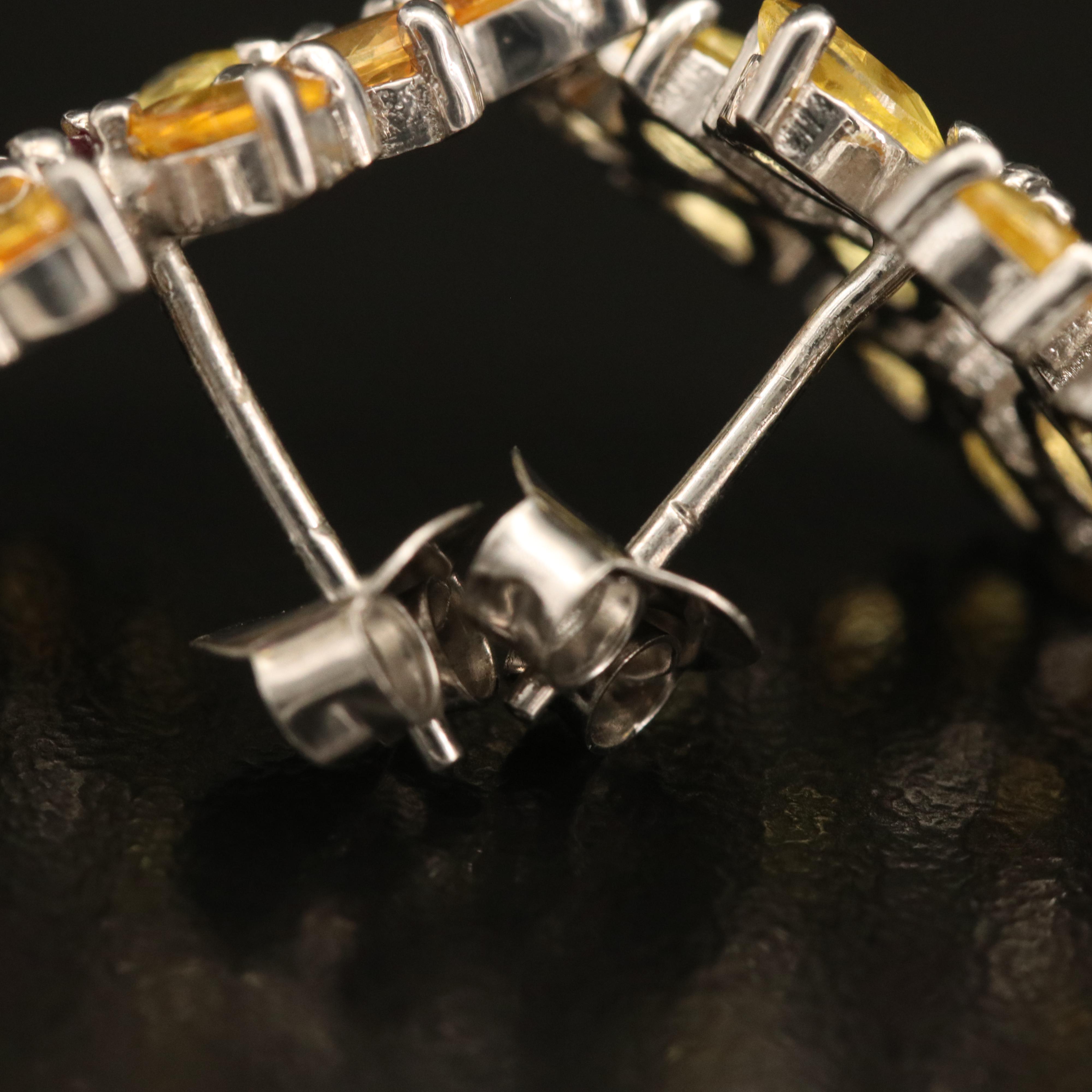 Sterling Floral Cluster Earrings Including Sapphire, Garnet and Peridot