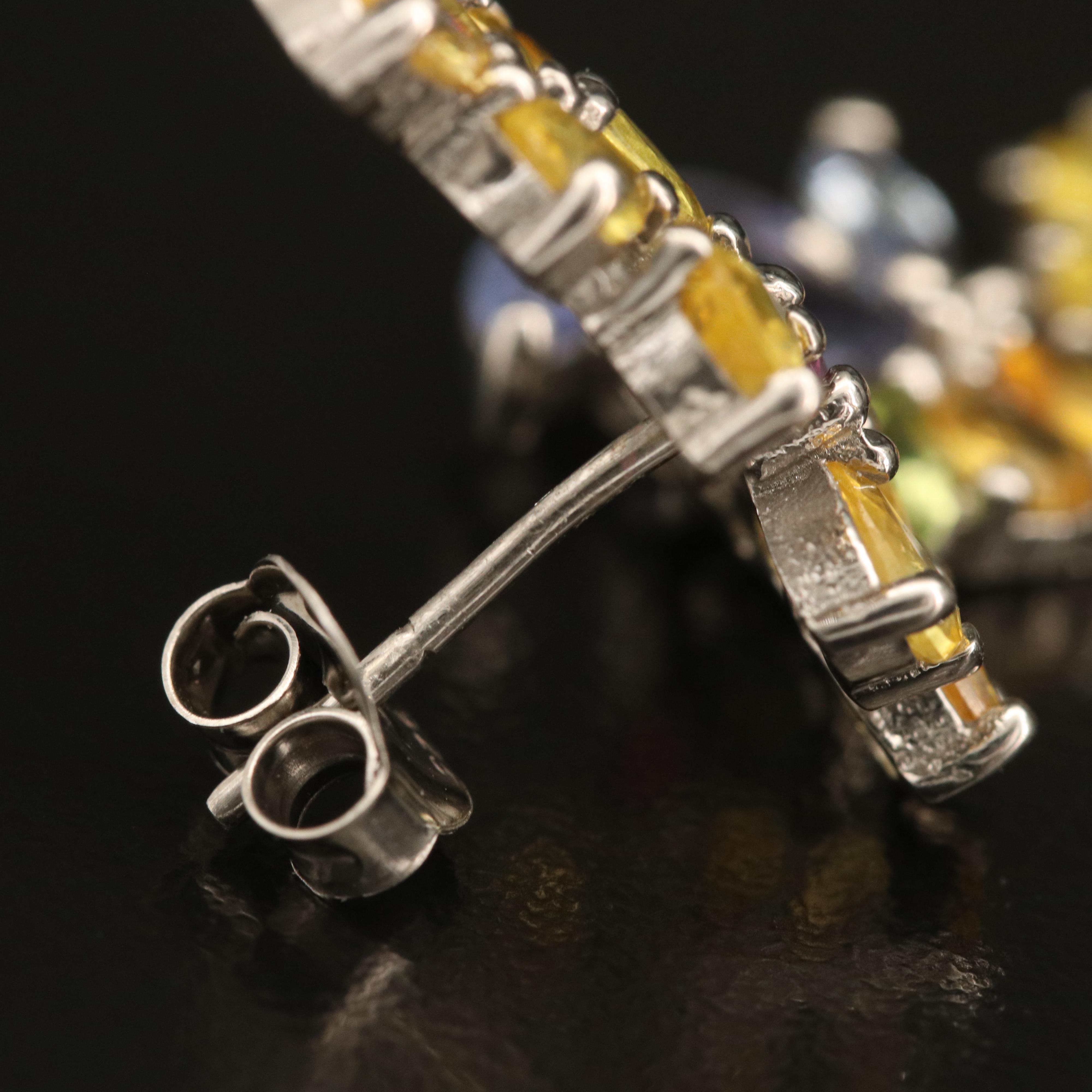 Sterling Floral Cluster Earrings Including Sapphire, Garnet and Peridot