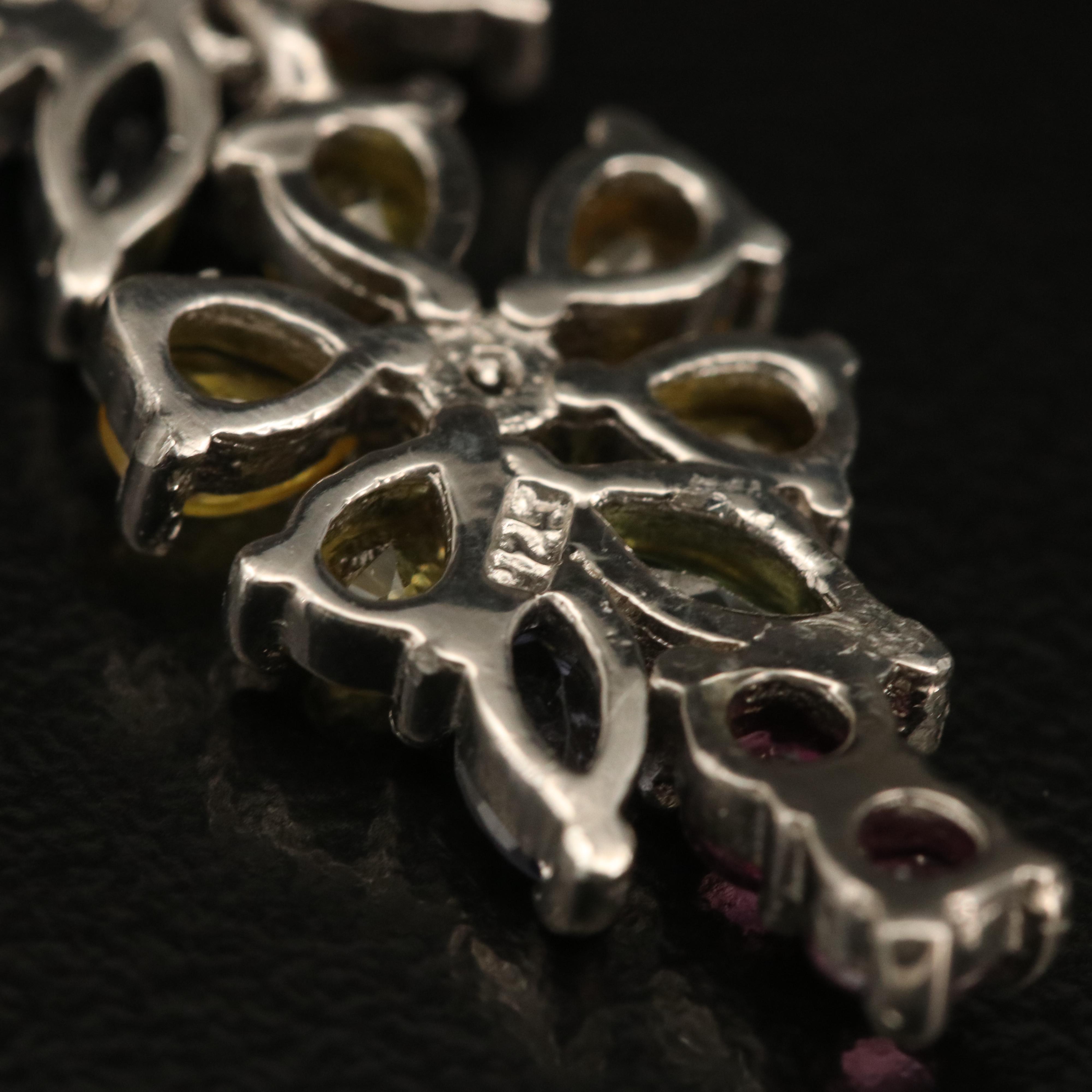 Sterling Floral Cluster Earrings Including Sapphire, Garnet and Peridot