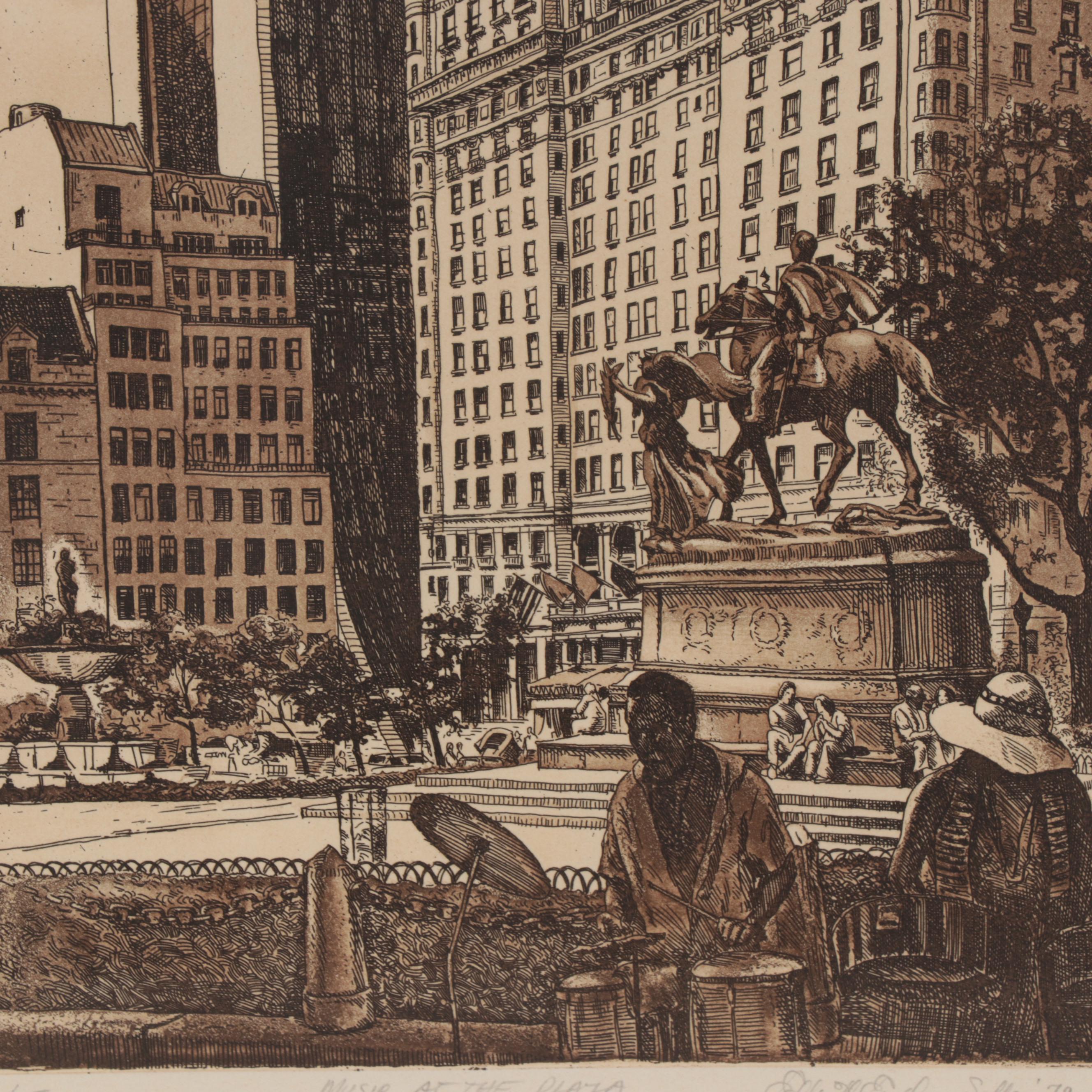 Elliott Engels Etching "Music at the Plaza," 1979