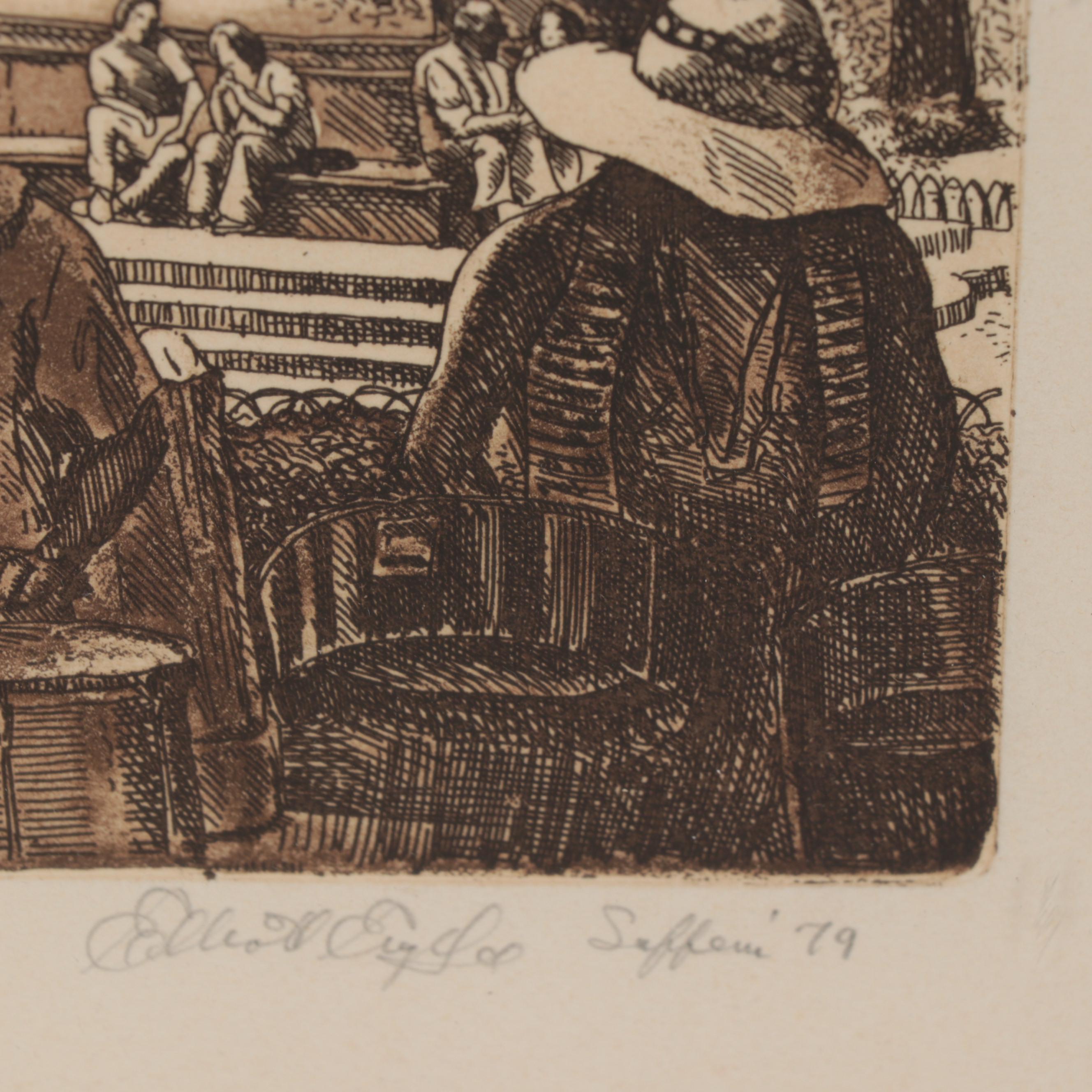 Elliott Engels Etching "Music at the Plaza," 1979