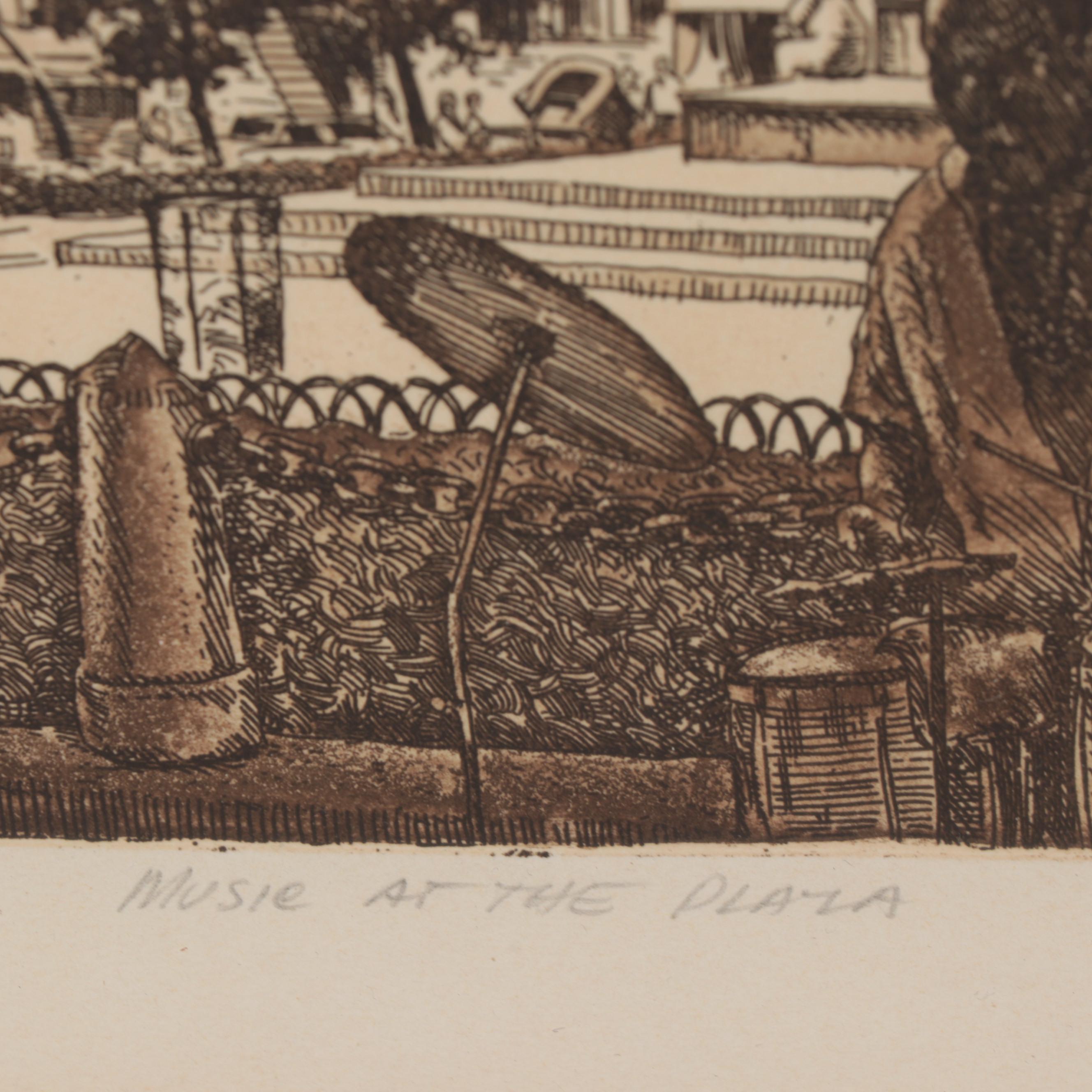 Elliott Engels Etching "Music at the Plaza," 1979