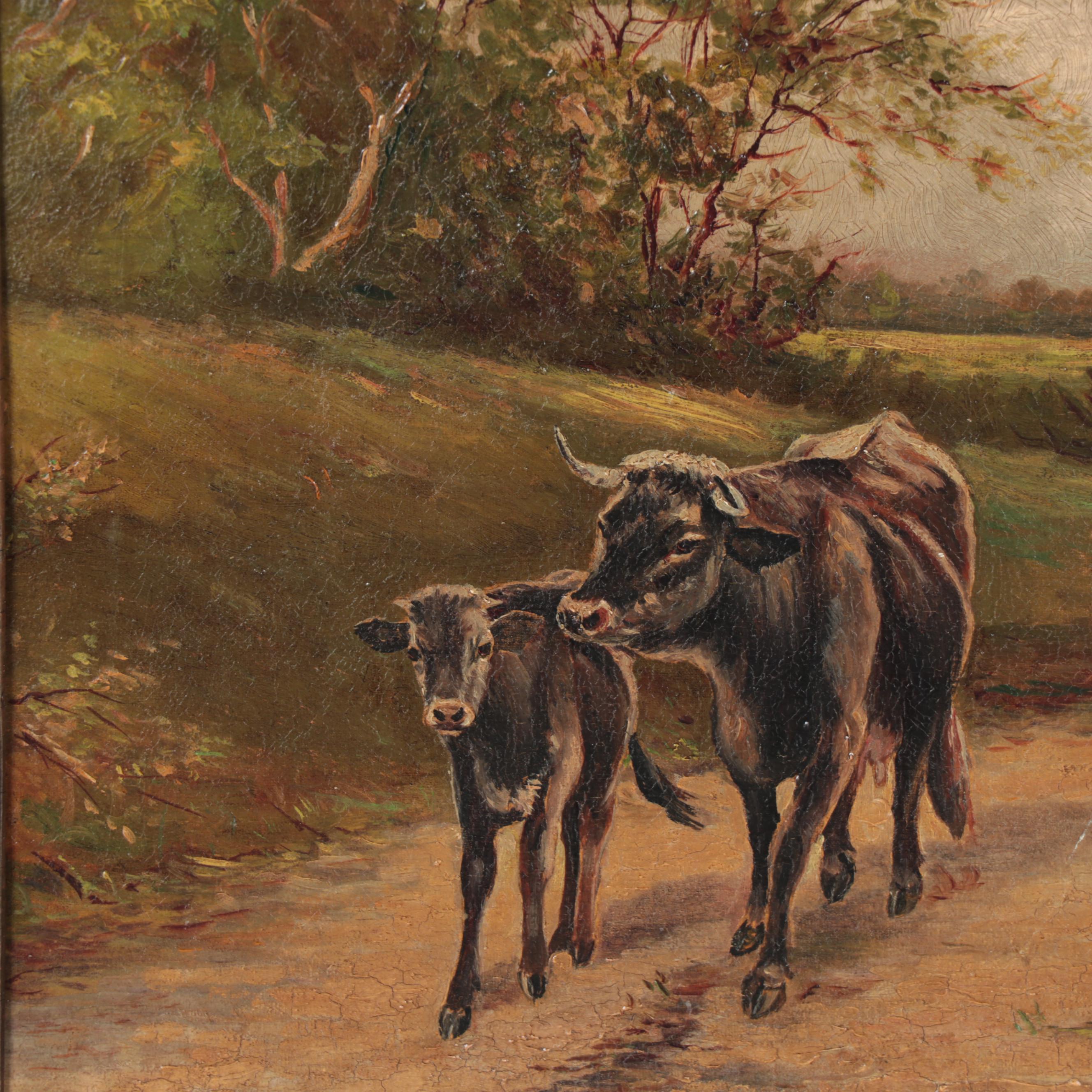 Pastoral Oil Painting of Cows, Late 19th Century