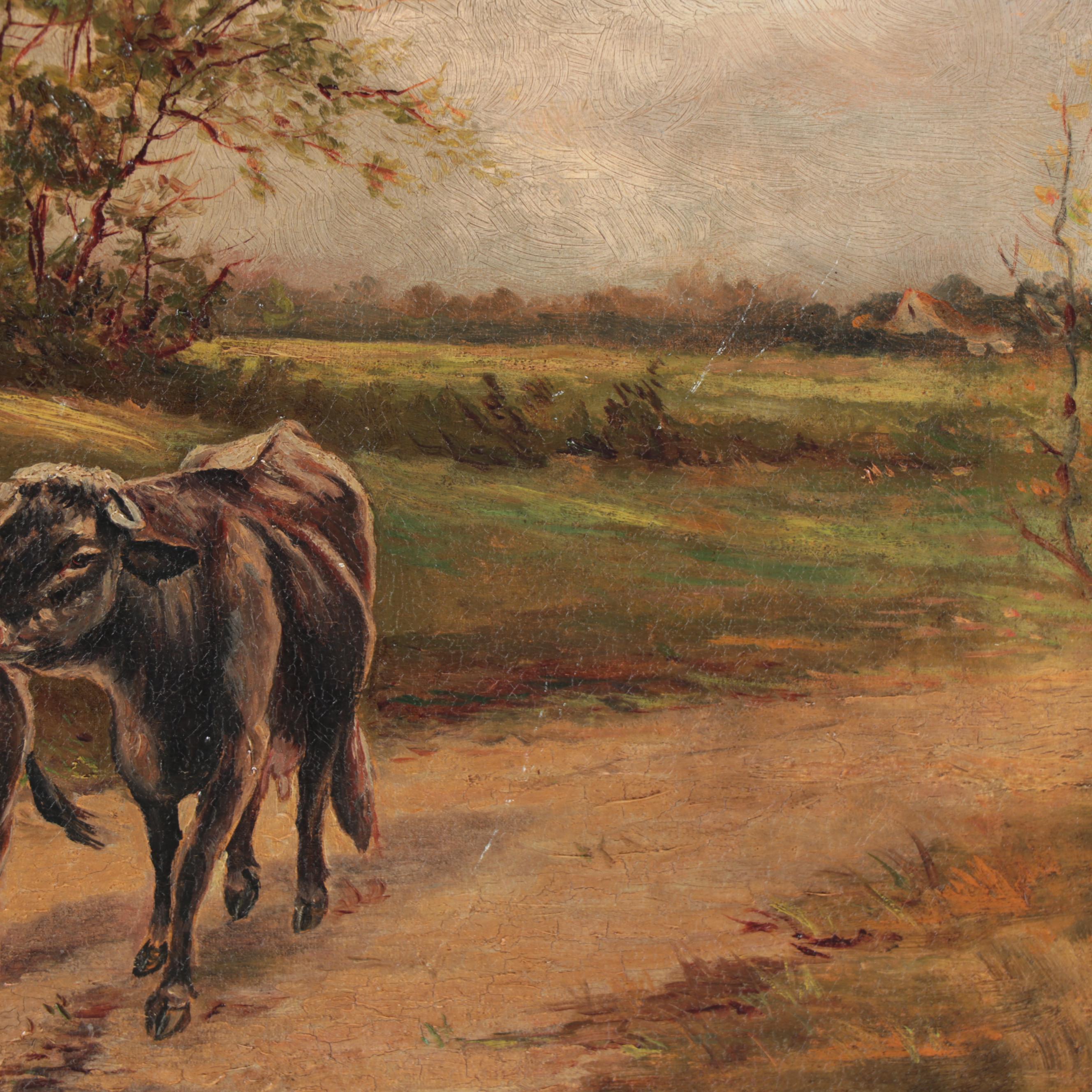 Pastoral Oil Painting of Cows, Late 19th Century