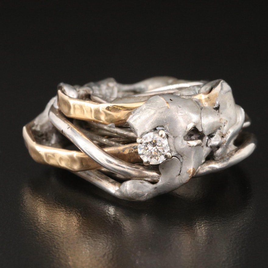 Artisan Diamond Sterling Ring with 14K Gold Tubing Accents