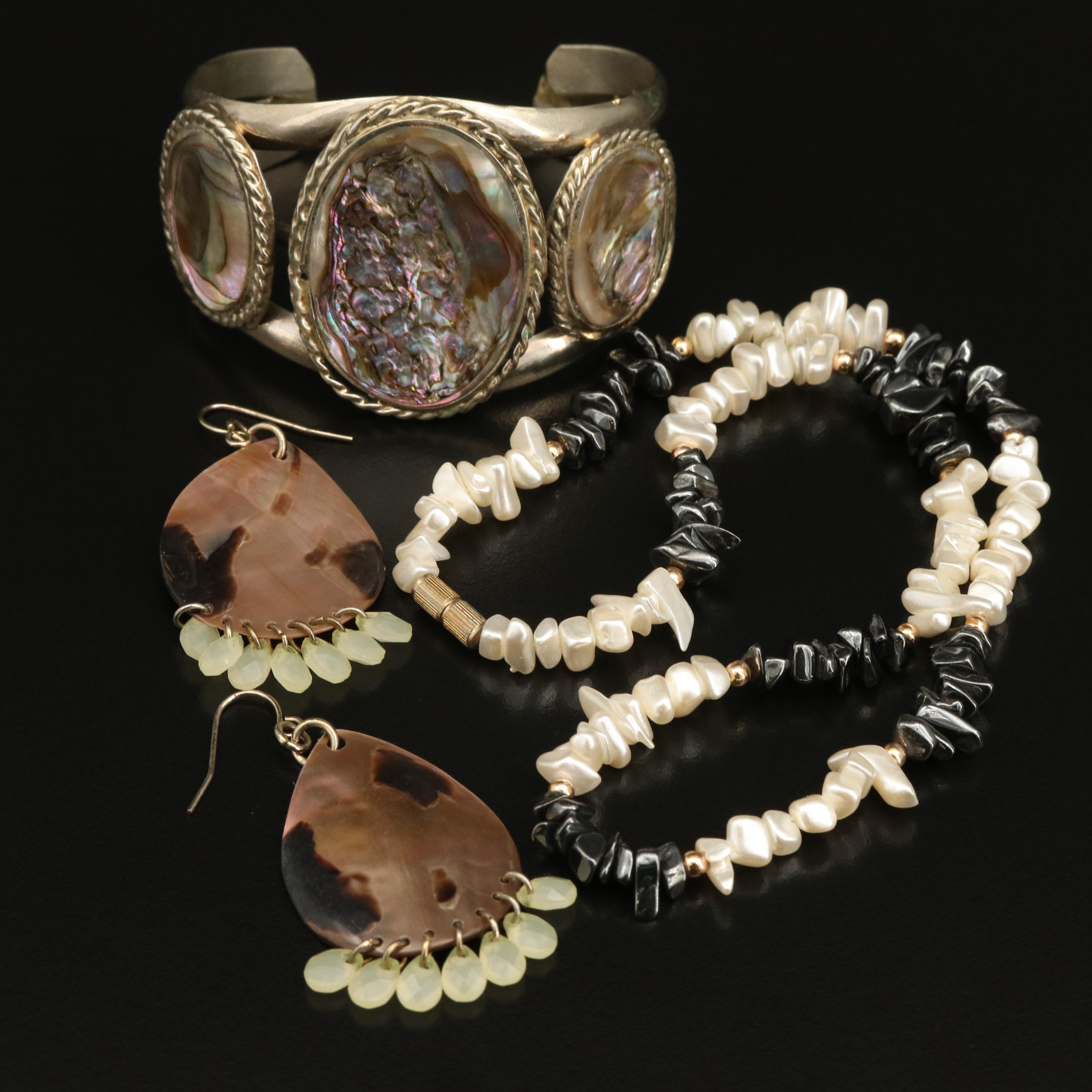 Cuff, Earrings, and Necklace Featuring Mother of Pearl and Abalone