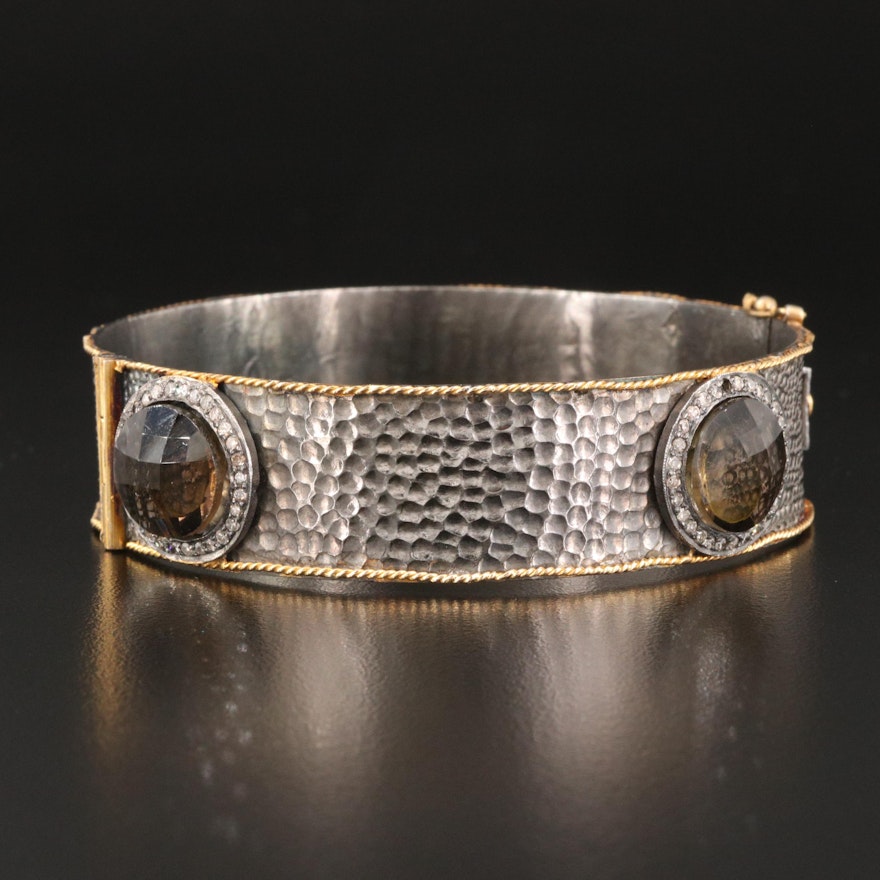 Smoky Quartz and Diamond Hammered Texture Bangle