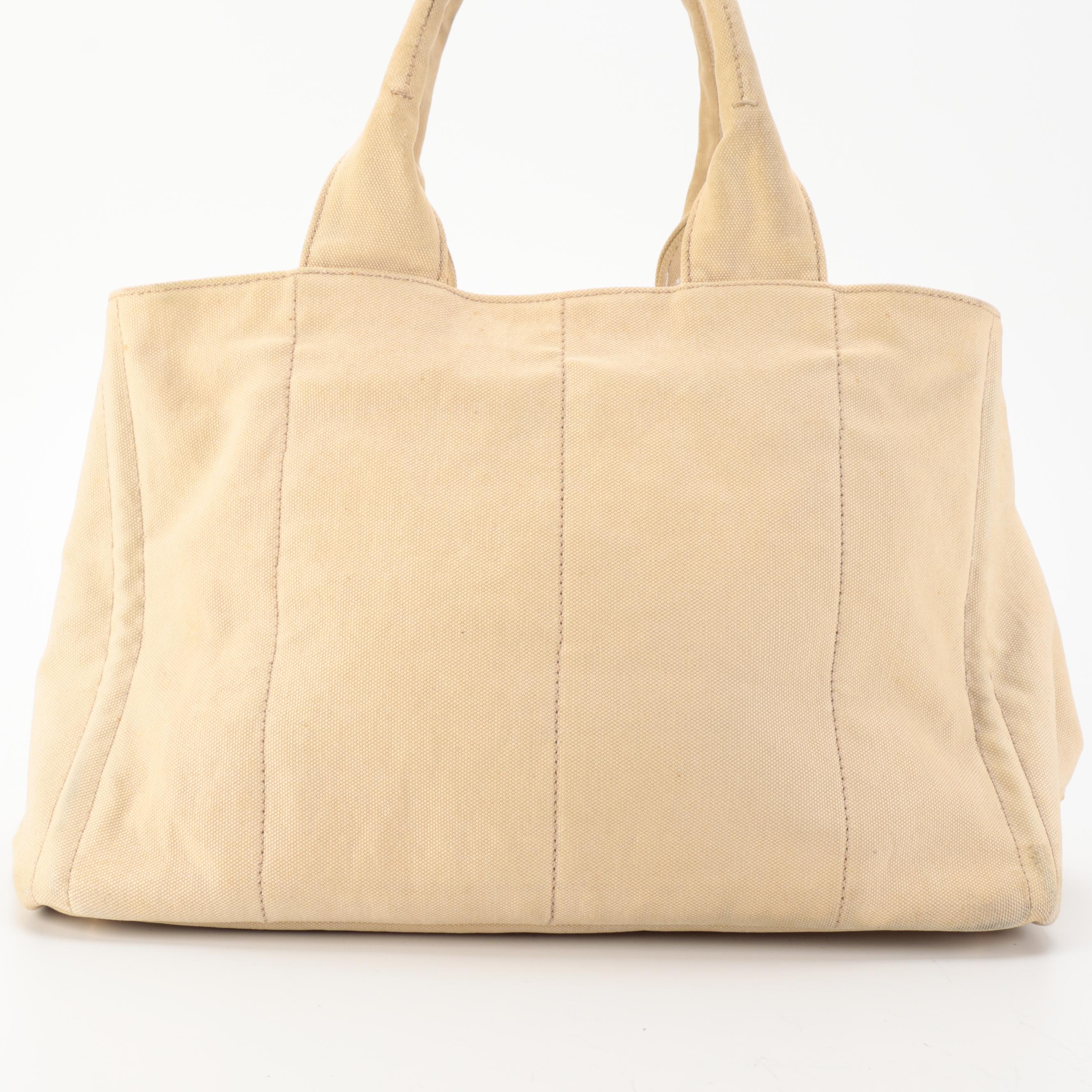 Prada Beige Canapa Embroidered Logo Canvas Tote