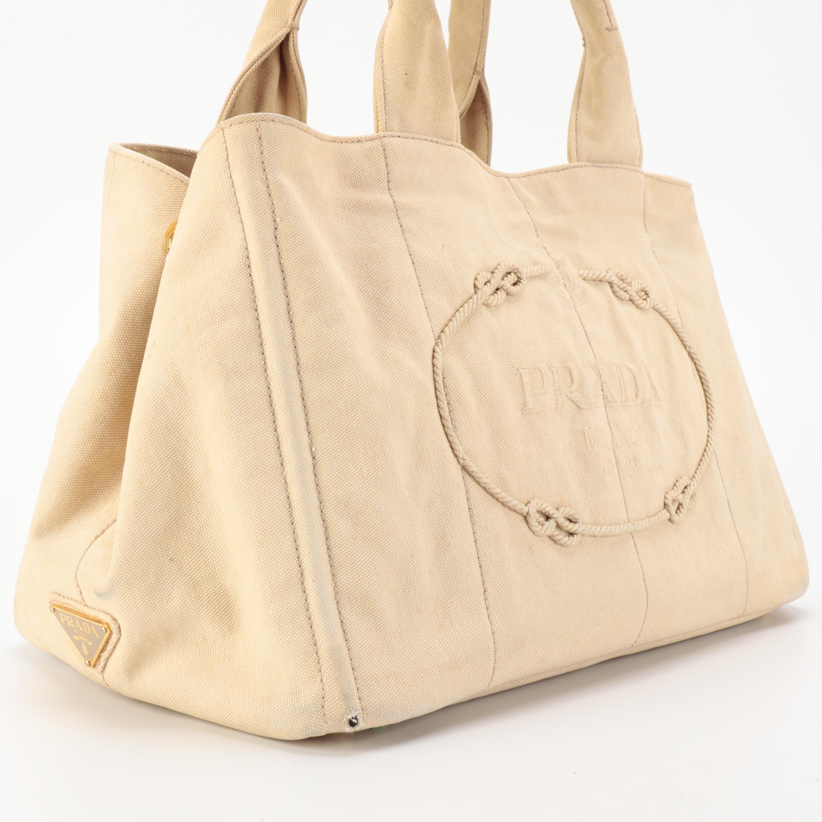 Prada Beige Canapa Embroidered Logo Canvas Tote