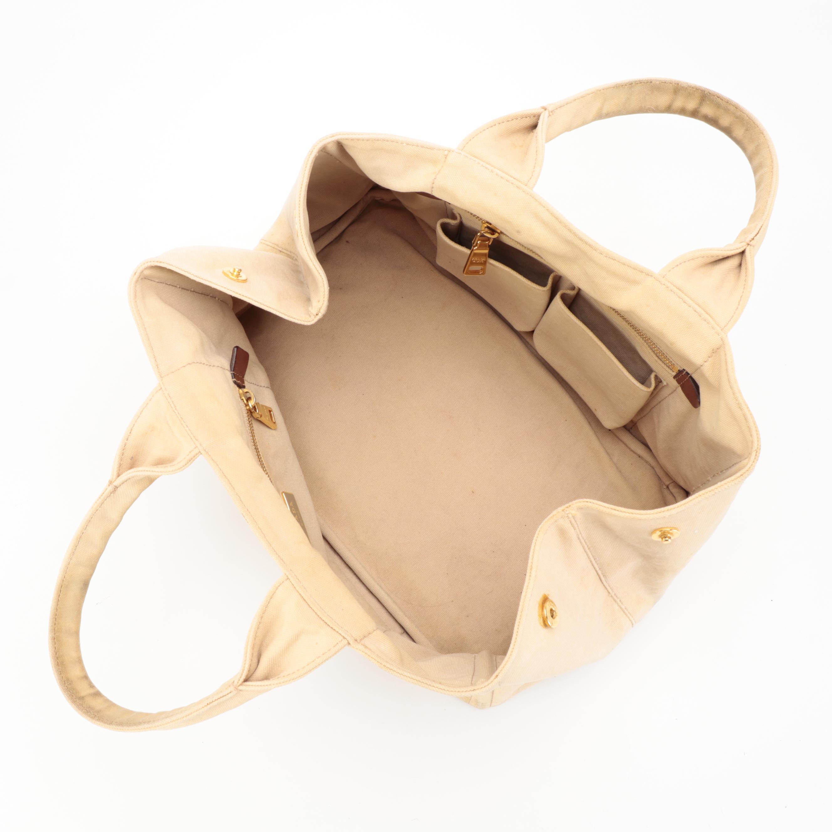 Prada Beige Canapa Embroidered Logo Canvas Tote