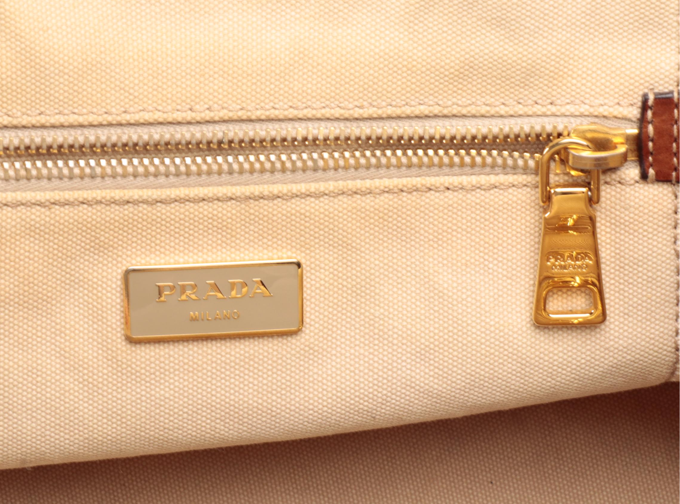 Prada Beige Canapa Embroidered Logo Canvas Tote