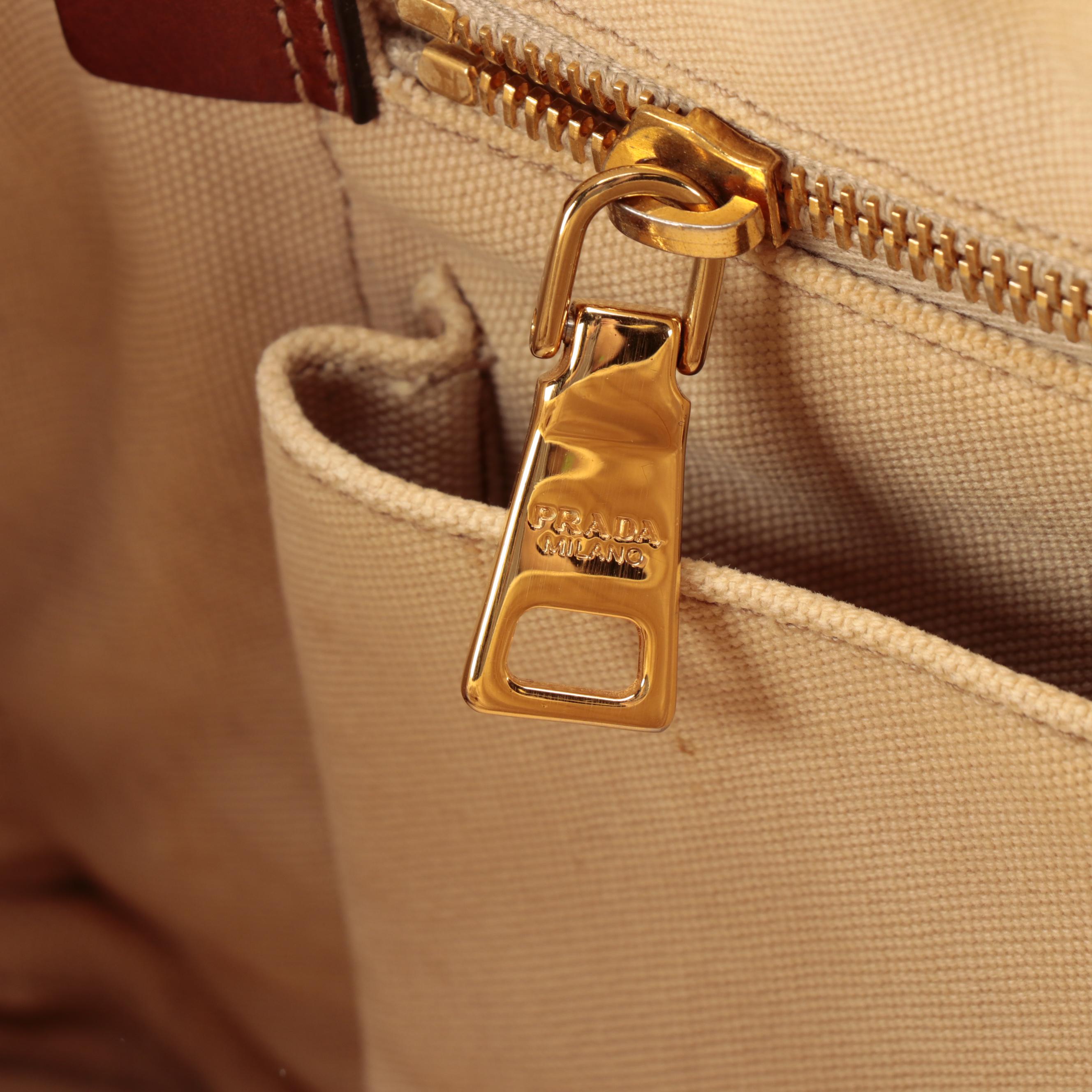 Prada Beige Canapa Embroidered Logo Canvas Tote