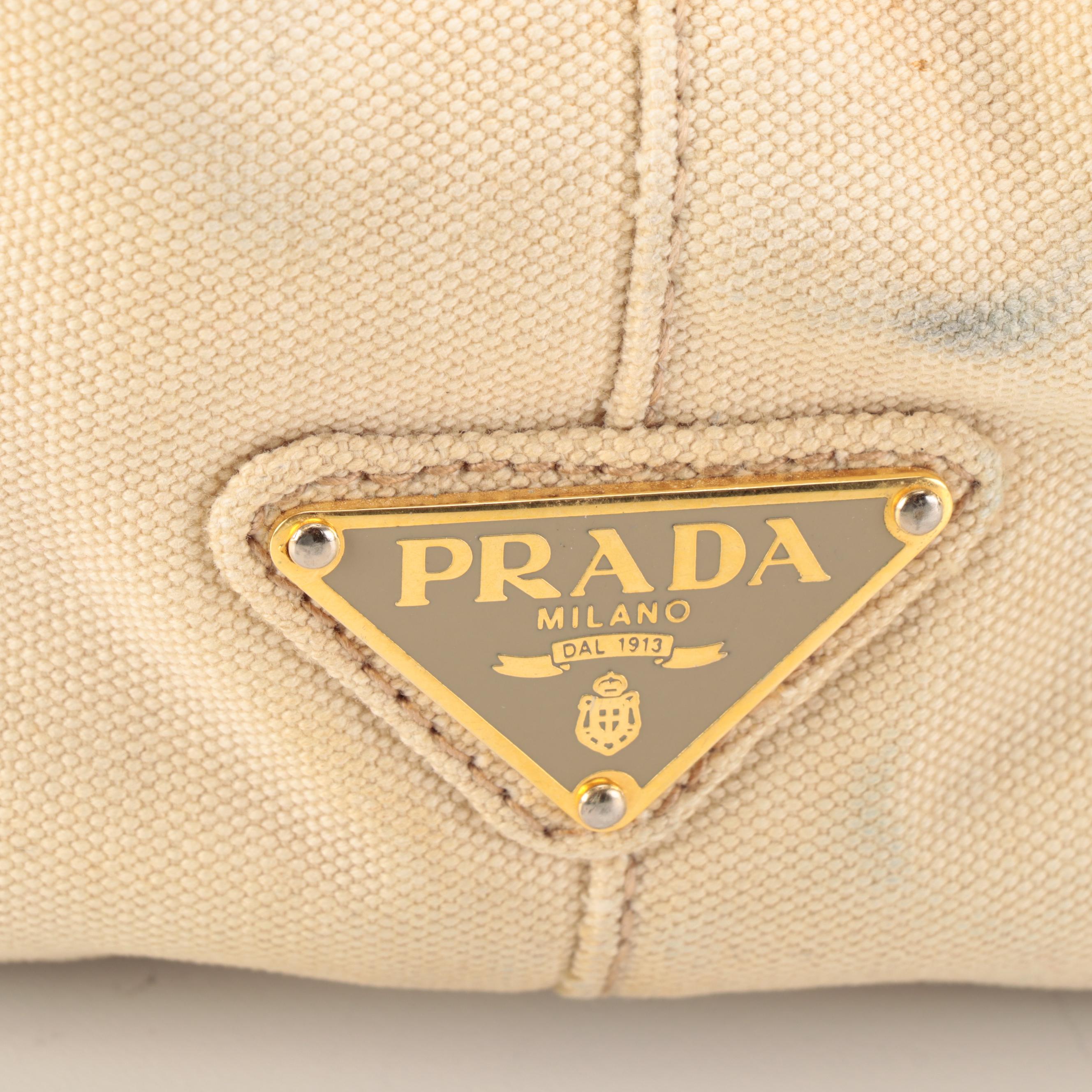 Prada Beige Canapa Embroidered Logo Canvas Tote