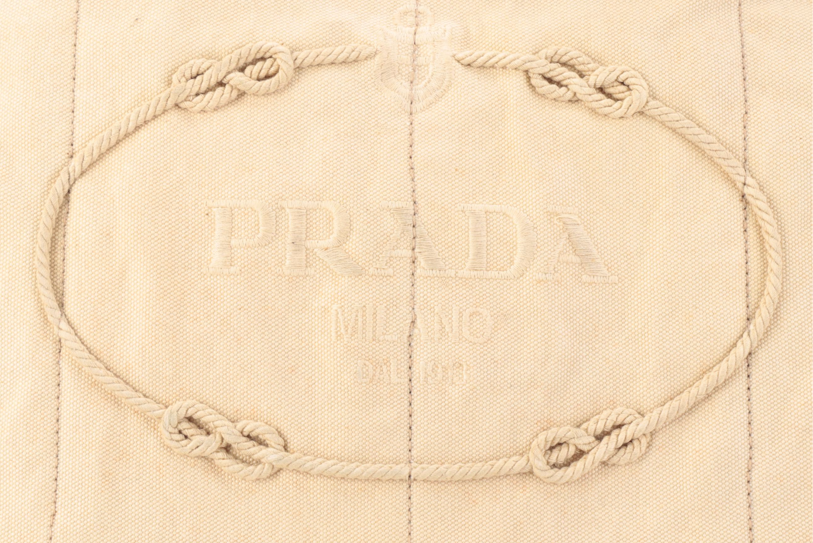 Prada Beige Canapa Embroidered Logo Canvas Tote