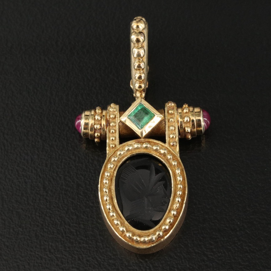 14K Black Onyx Intaglio Enhancer Pendant with Emerald and Ruby