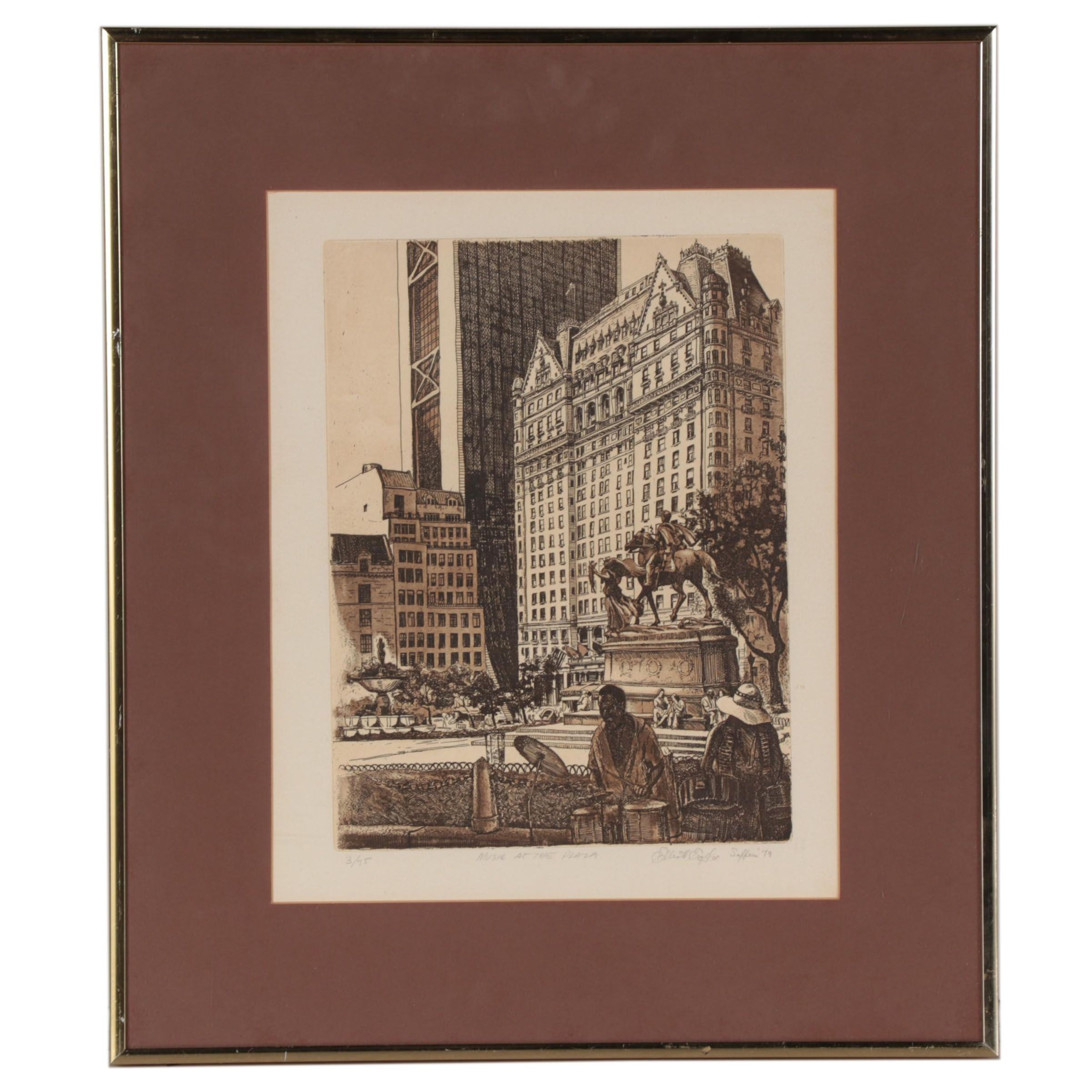 Elliott Engels Etching "Music at the Plaza," 1979