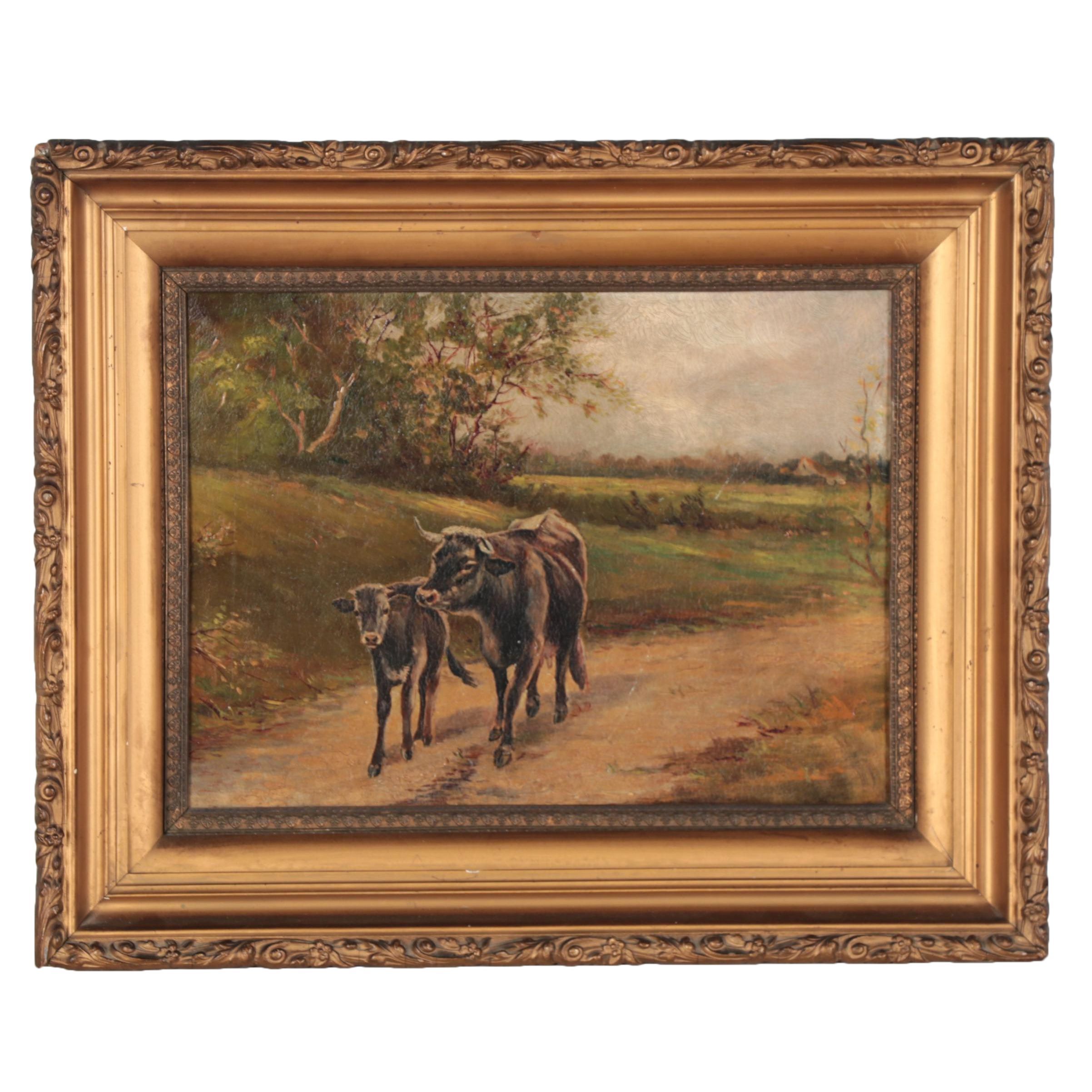 Pastoral Oil Painting of Cows, Late 19th Century
