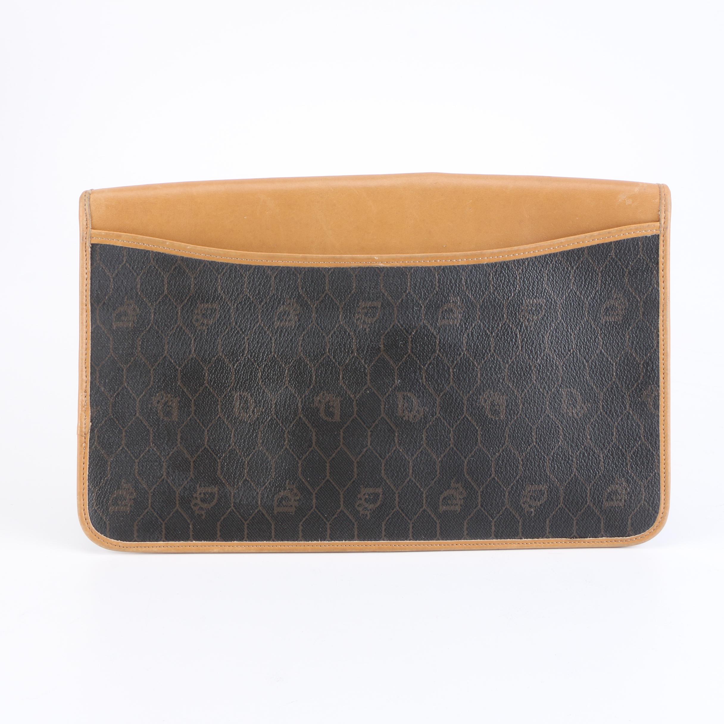 Christian Dior Clutch in Honeycomb Coated Canvas and Tan Leather