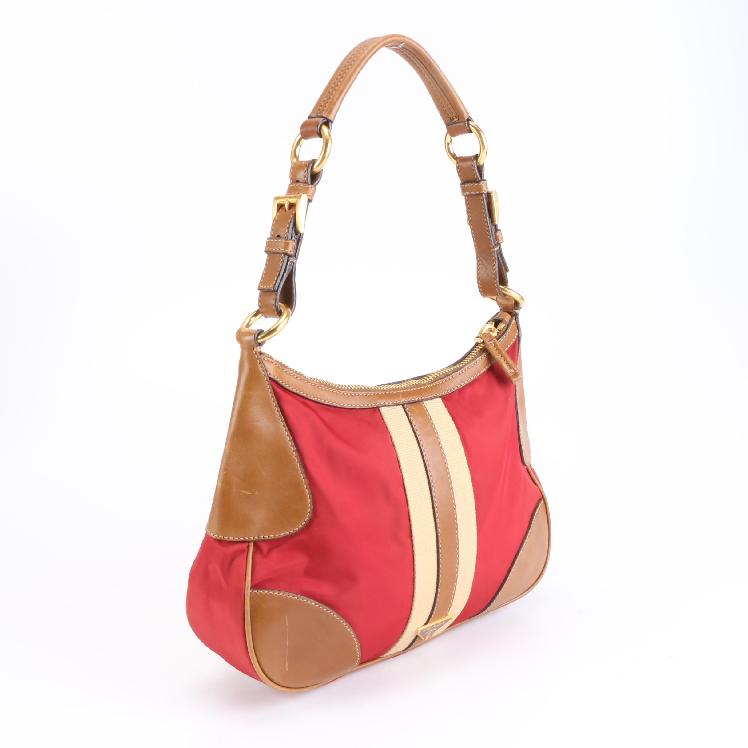 Prada Nylon and Leather Stripe Shoulder Bag